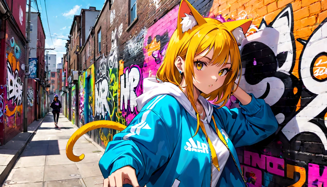 cat ear,woman,4. Hip-hop: A cool rapper with street art adorning city walls, rapping in an urban setting