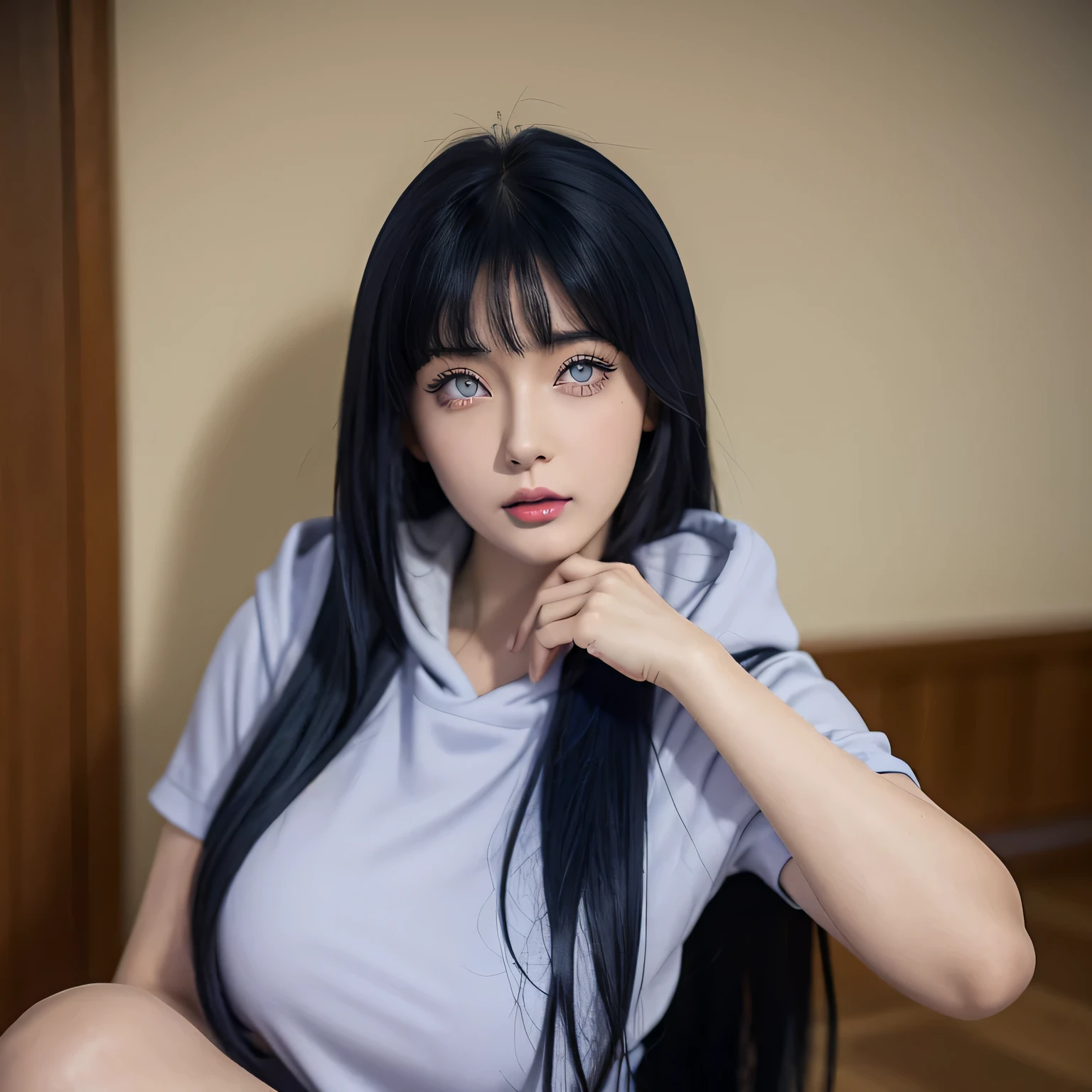 a close up of a person with long hair and a hoodie, hinata hyuga, hinata hyuga from naruto, from naruto, as an anime character, perfect anime face, she has dark blue hair with bangs, female anime character, anime character, anime best girl, hime cut hairstyle, dark blue hair, (red glossy lips:1.3), light purple eyes, big breasts, realistic, ultra detail, indoor background, big pregnant