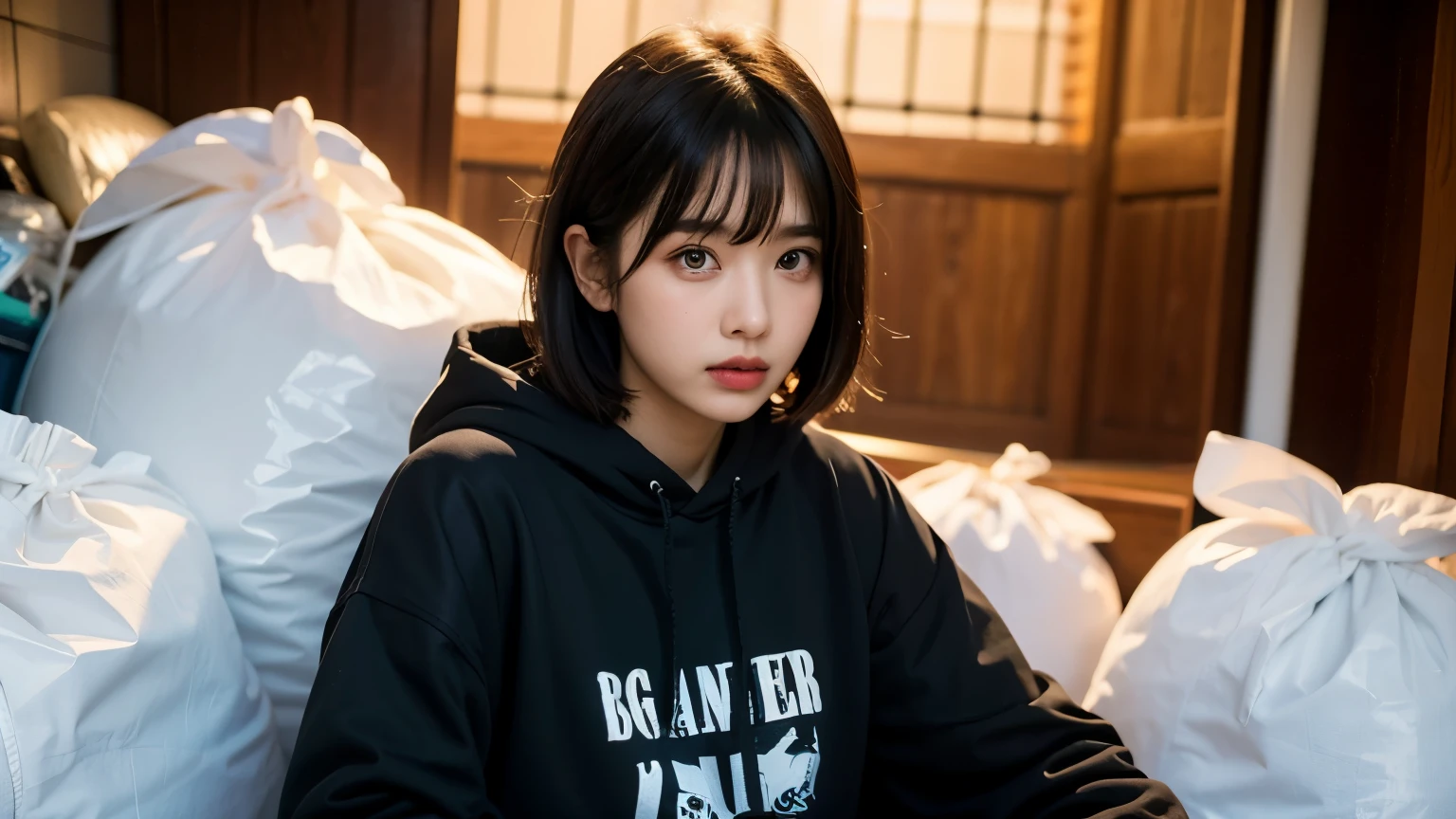 18-year-old,Korean women,(((Facing forward))),(((Frowning,カメラをGlaring))),(Very fine eye), (((Wearing a black hoodie,Wearing baggy pants))),(((The collapsing interior))),(((Old indoor))),((photograph)),((Woman in a trash dump)),(((Fabric Shading))), (((highest quality))), (((masterpiece))) strong girl, ((((Realistic)))), I have a card,Black Hair, chic hairstyle, ((With bangs,Straight medium bob cut, nice hair)), Light makeup,Red eyes, (((I'm not wearing lipstick))),(((Surrounded by trash indoors))), (nice, strong), Strong night atmosphere, Centered Images, Focus on the camera, Elegant colors,Realistic Skin,Realistic texture,8k,whole body,Pale skin, (((Dirty garbage dump))),A huge amount of trash,Red iris,Expressionless,Glaring,Perfect Face,(((Big eyes))),She is wearing wide black pants,Mouth closed, portrait of aespaのウィンター,She is wearing black streetwear, Woman in black streetwear, 黒いハイテクな服を着た女性のphotograph, Girl wearing black hoodie, Cyberpunk Streetwear, Cyberpunk Streetwear street fashion e-girl,