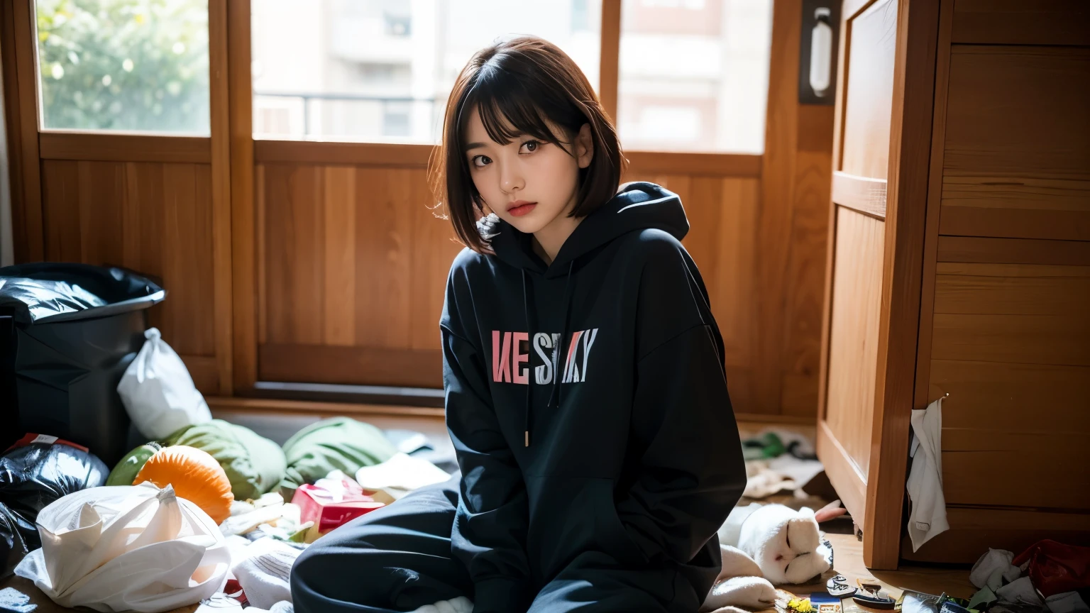 18-year-old,Korean women,(((Dirty interior))),(((Facing forward))),(((Frowning,カメラをGlaring))),(Very fine eye), (((Wearing a black hoodie,Wearing baggy pants))),(((The collapsing interior))),(((Old indoor))),((photograph)),((Woman in a trash dump)),(((Fabric Shading))), (((highest quality))), (((masterpiece))) strong girl, ((((Realistic)))), I have a card,Black Hair, chic hairstyle, ((With bangs,Straight medium bob cut, nice hair)), Light makeup,Red eyes, (((I&#39;m not wearing lipstick))),(((Surrounded by trash indoors))), (nice, strong), Strong night atmosphere, Centered Images, Focus on the camera, Elegant colors,Realistic Skin,Realistic texture,８k,whole body,Pale skin, (((Dirty garbage dump))),A huge amount of trash,Red iris,Expressionless,Glaring,Perfect Face,(((Big eyes))),She is wearing wide black pants,Mouth closed, portrait of aespaのウィンター,She is wearing black streetwear, Woman in black streetwear, 黒いハイテクな服を着た女性のphotograph, Girl wearing black hoodie, Cyberpunk Streetwear, Cyberpunk Streetwear street fashion e-girl,