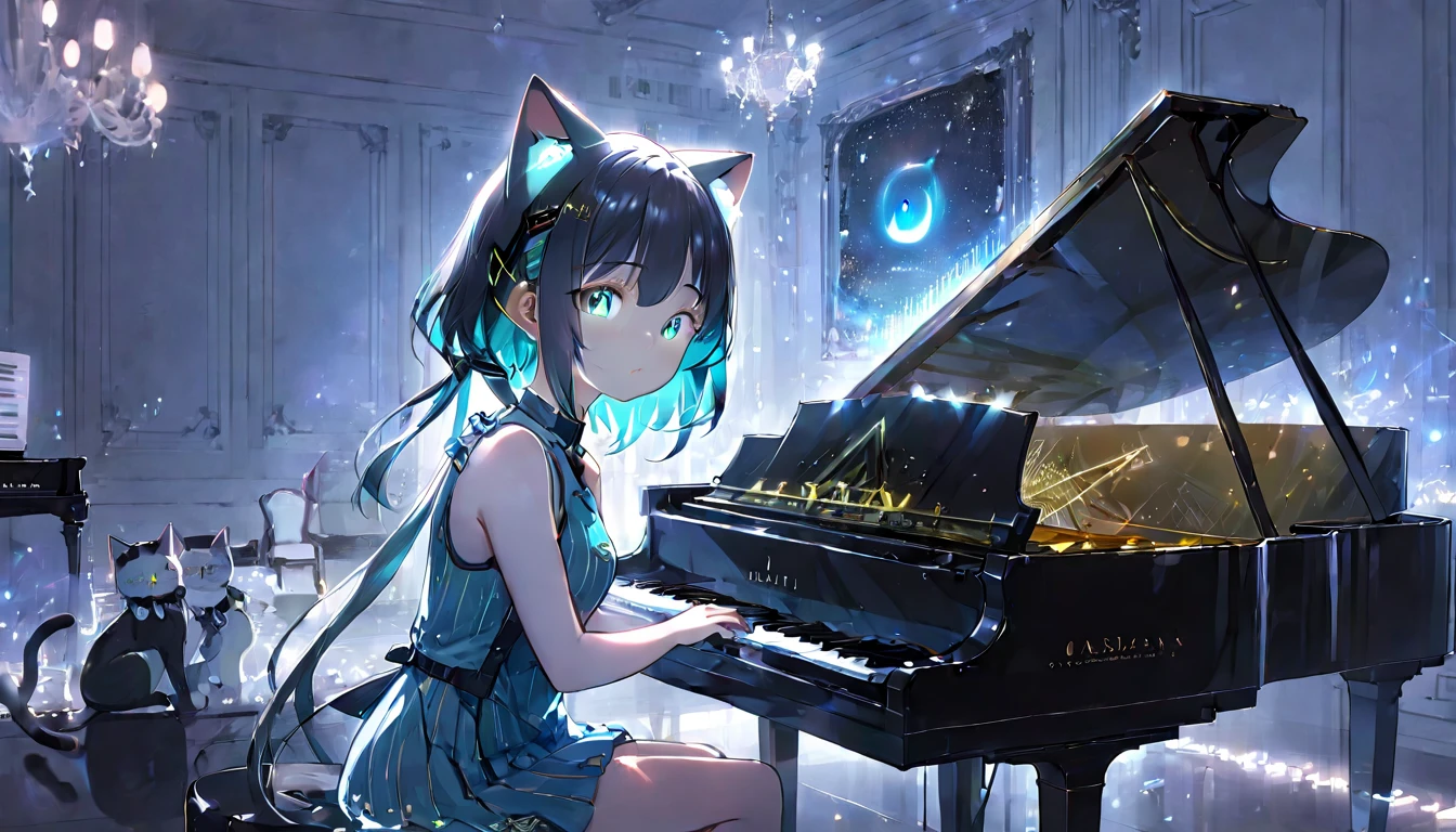 (masterpiece, best quality, very aesthetic, absurdres,general) ,
1girl, solo,、music room、Glowing  classical piano、Cat ear、clear eyes,artificial intelligence,BREAK ,beautiful girl, big breasts, bule cut dress,Turquoise striped pattern, big red ribbon,6. Reggae: A relaxed character wearing a Bob Marley-style hat, playing reggae music on a peaceful beach
