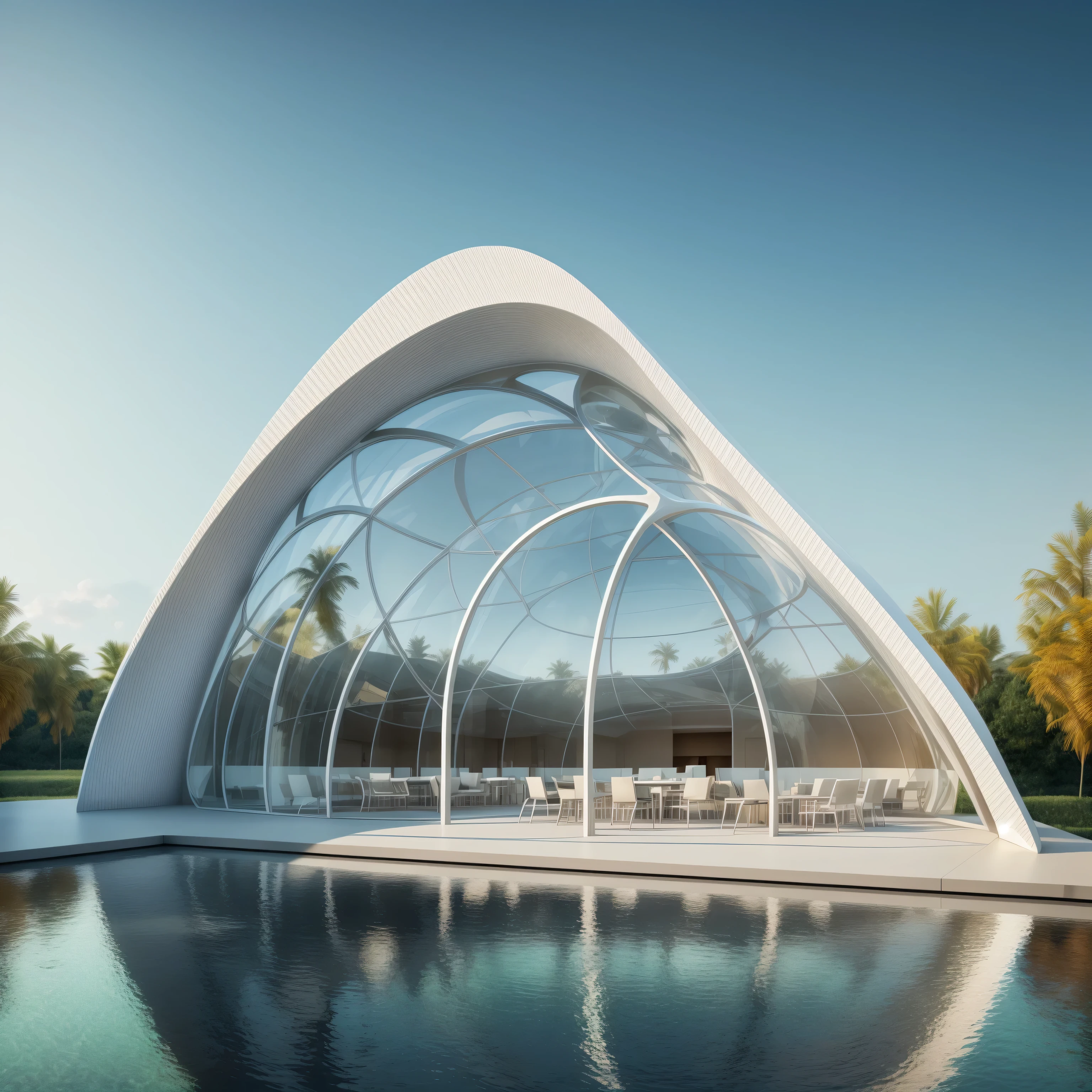 Alafi glass pavilion in front of the swimming pool,Dining table and chairs, futuristic church, norman foster style, futuristic architecture, in style of zaha hadid architect, futuristic architecture concept, futuristic dome, Futuristic structure, huge glass structure, Circular Building, futuristic utopian architecture, ultra - futuristic architecture, detailed futuristic architecture, Rendering in v-ray