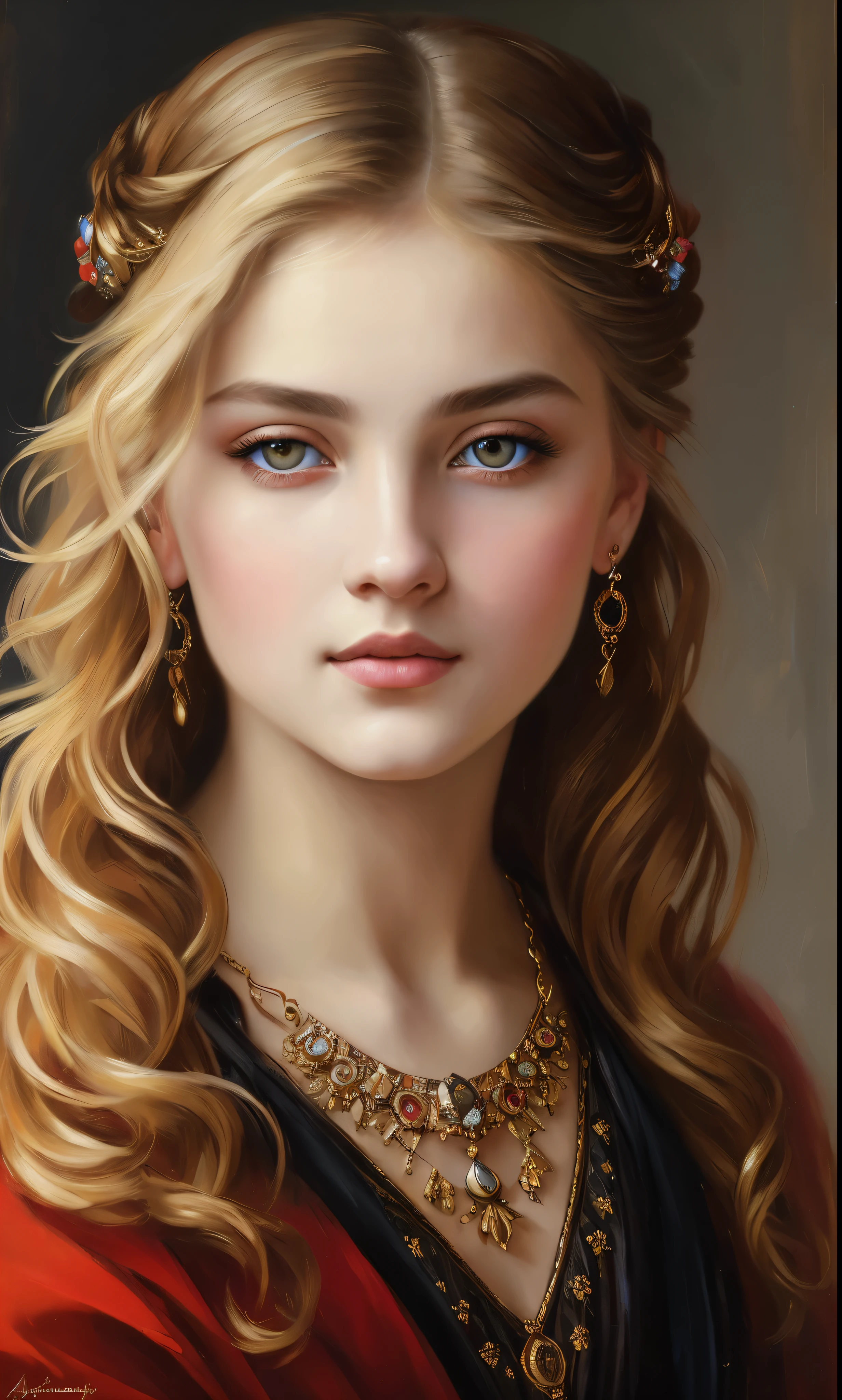 portrait, girl, middle ages, classicism, andrey atroshenko style, painting, pierced eyes, beautifully styled hair, traditional media, realistic, figurative, fine art, oil on canvas, HDR, 8K, original character, high resolution, vivid colours, high detail, focus on the face, beautiful eyes