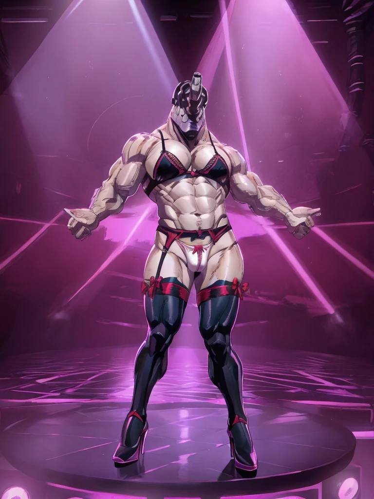 one person、Strong adult man、Exact finger count、Exact number of legs、Exact number of arms、White panties、sexy mens panties、garter belt、Knee-high socks、High heel pumps、bra with ribbon、On a stage illuminated by purple spotlights、Sexy pose、Nightclub Background