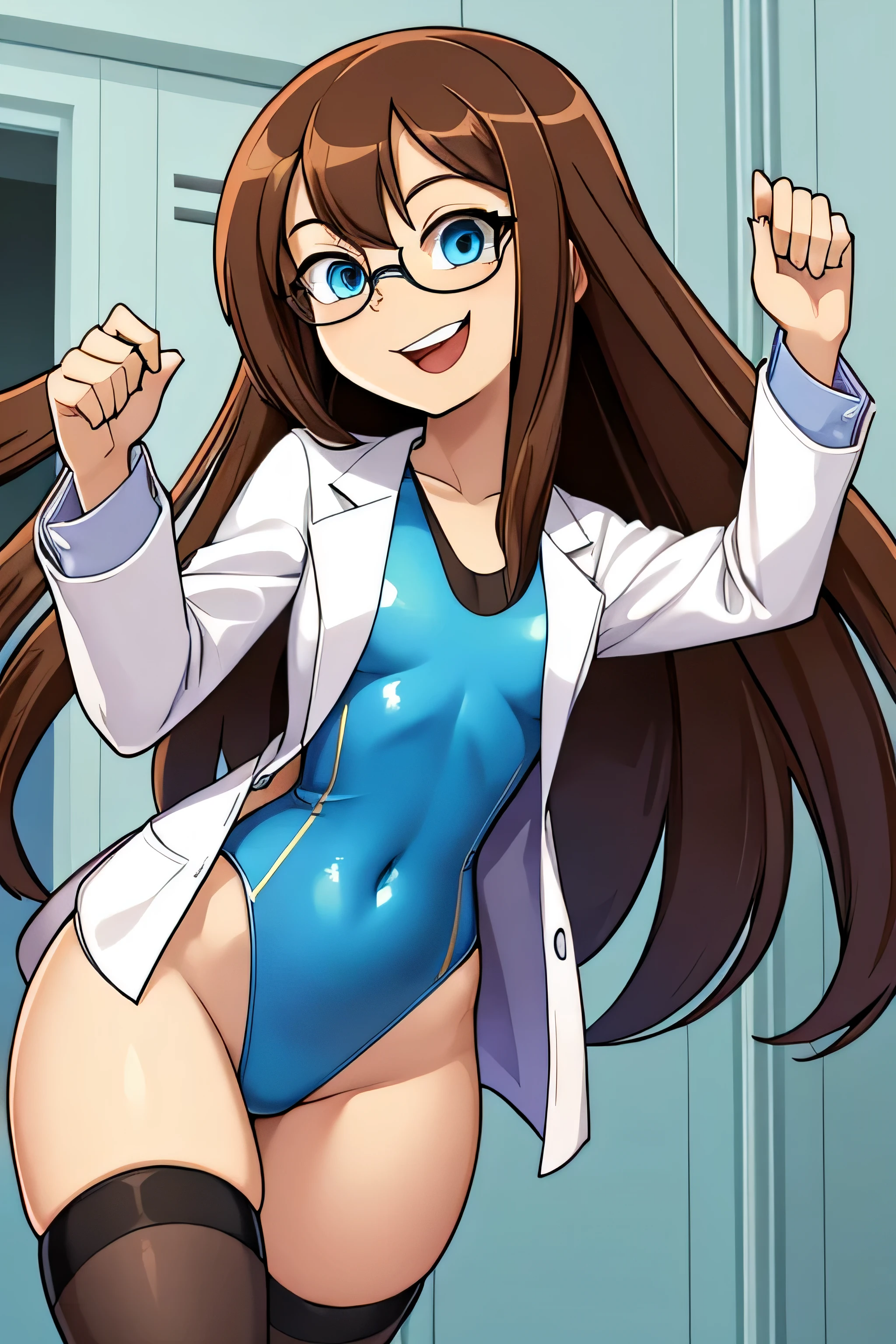 masterpiece, Best quality. Slender Girl. wears a blue swimsuit. also wearing an unbuttoned lab coat over the swimsuit. Long brown hair, Blue eyes. wears metal knee socks. smiling, Mouth open, happy face. Eyes wide open. shows off her curves. wear glasses