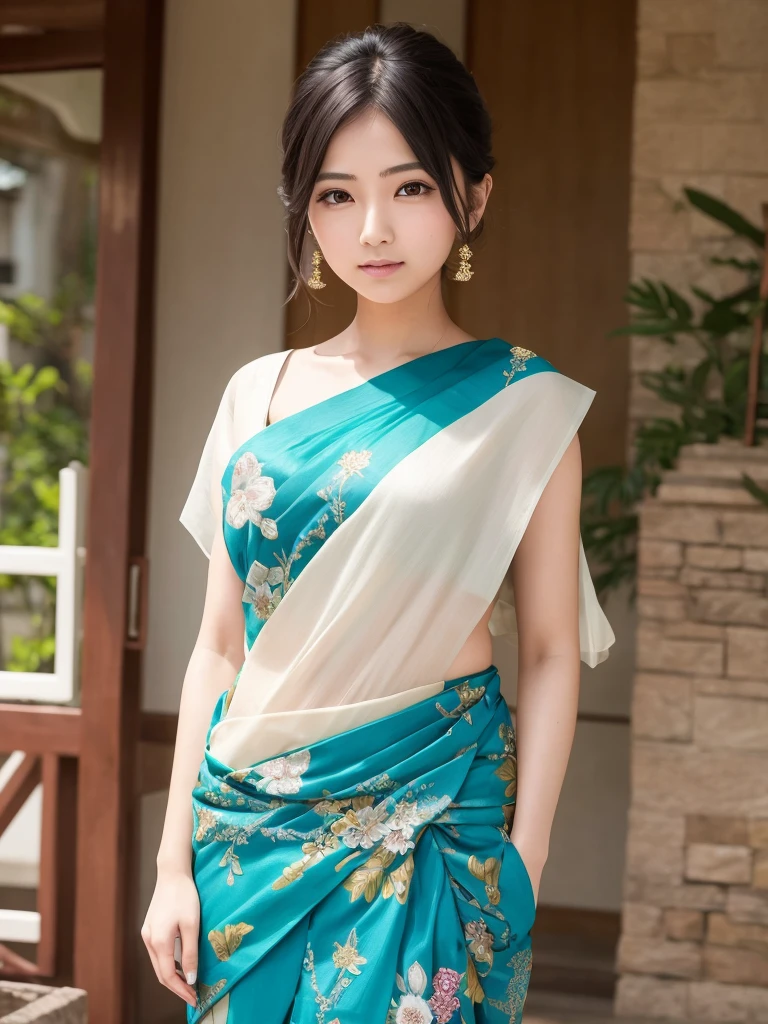 prettiest japanese woman, in indian saree, standing, looking at the camera, model in the middle of frame, front view