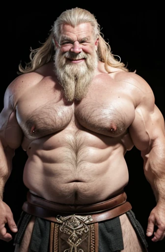 A very oiled full body Viking warrior bodybuilder A smiling, sweaty old man with long wavy gray and blonde hair extremely muscular and extremely fat over 70 years old weighs over 600 pounds very muscular very hairy large pecs with gynecomastia Large dark pointed nipples forehead to a viking ship in a fjord wearing a small leather skirt