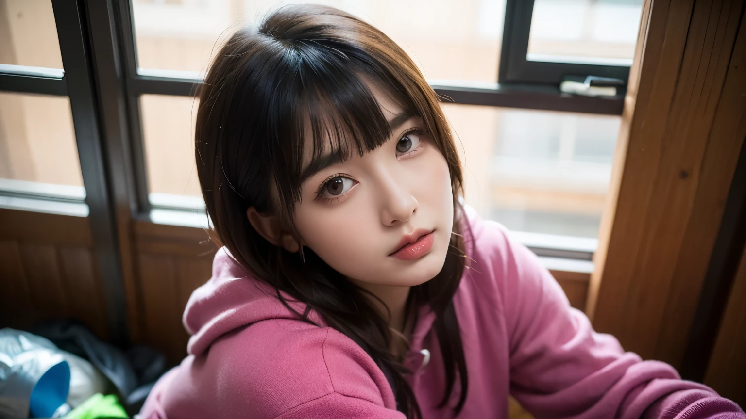 18-year-old,Korean women,(((Facing forward))),(((Frowning,painful face,カメラをGlaring))),(Very fine eye), (((Wearing a black hoodie,Wearing baggy pants))),(((The collapsing interior))),(((Old indoor))),((photograph)),((Woman in a trash dump)),(((Fabric Shading))), (((highest quality))), (((masterpiece))) strong girl, ((((Realistic)))), I have a card,Black Hair, chic hairstyle, ((With bangs,Straight medium bob cut, nice hair)), Light makeup,Red eyes, (((I'm not wearing lipstick))),(((Being surrounded by a lot of garbage indoors))), (nice, strong), Strong night atmosphere, Centered Images, Focus on the camera, Elegant colors,Realistic Skin,Realistic texture,8k,whole body,Pale skin, (((Dirty garbage dump))),A huge amount of trash,Red iris,Expressionless,Glaring,Perfect Face,(((Big eyes))),She is wearing wide black pants,Mouth closed, portrait of aespaのウィンター,She is wearing black streetwear, Woman in black streetwear, 黒いハイテクな服を着た女性のphotograph, Girl wearing black hoodie, Cyberpunk Streetwear, Cyberpunk Streetwear street fashion e-girl,