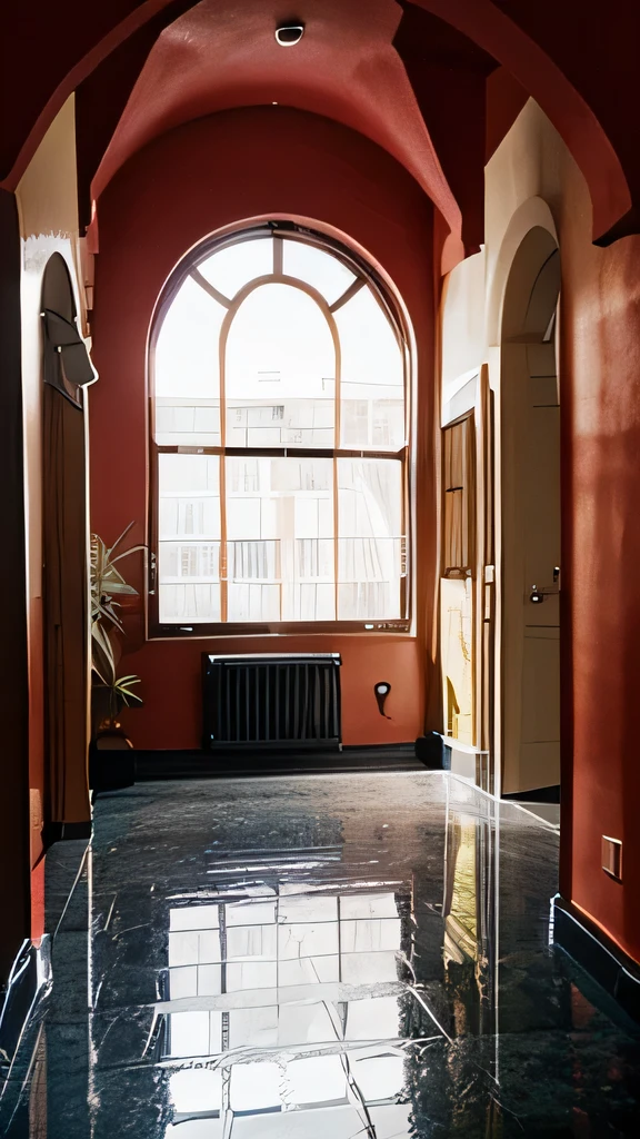 Hall room with red window frame and black floor