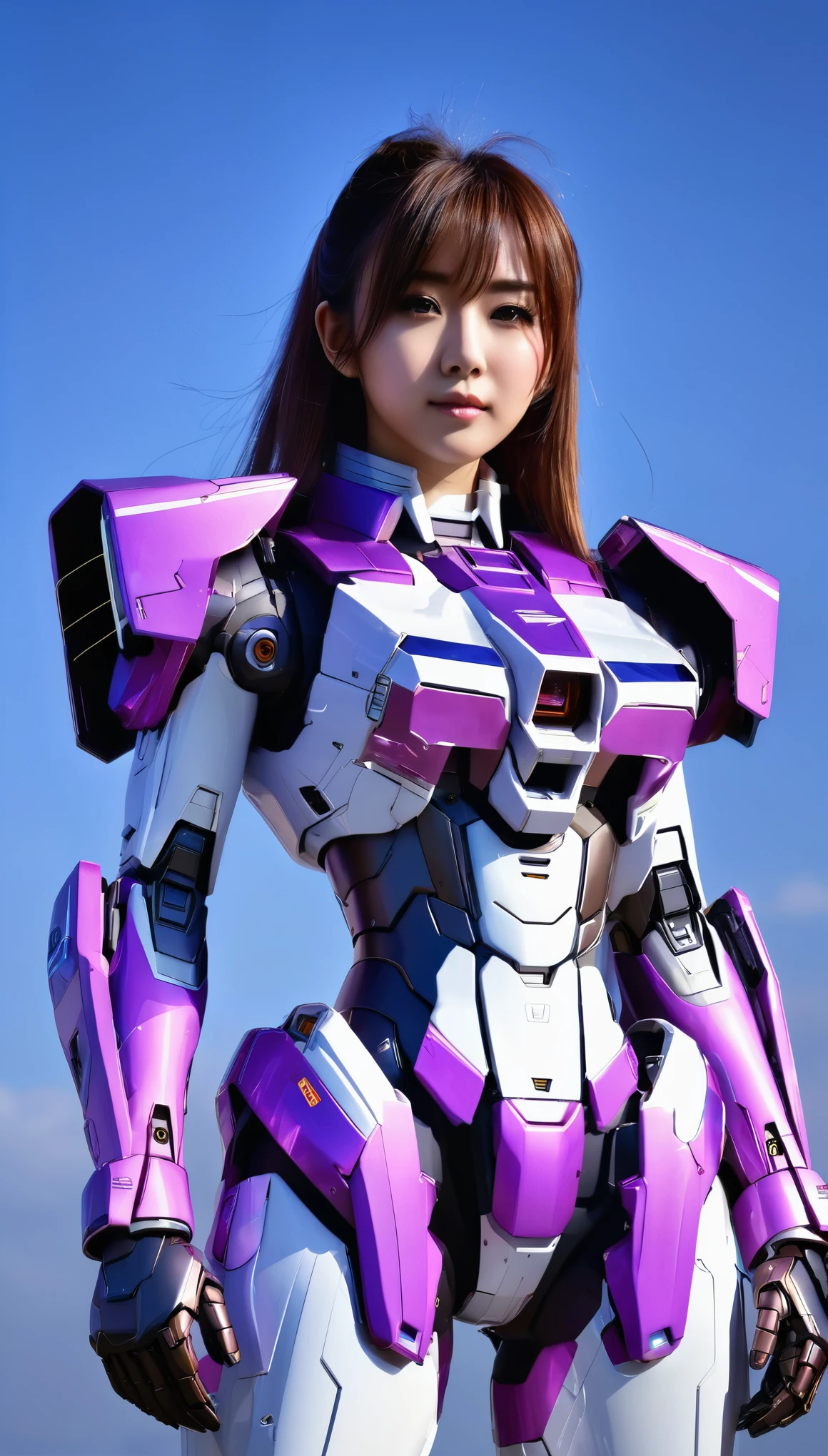 RAW, Masterpiece, Ultra Fine Photo,, Best Quality, Ultra High Resolution, Photorealistic, Sunlight, Full Body Portrait, Stunningly Beautiful,, Dynamic Poses, Delicate Face, wearing a mecha detector glass future transparent neon, Vibrant Eyes, a full body of a woman in a purple and white gundam custume, dybamic pose, pony tail long brown very very long hair rapunzel, girl in mecha cyber armor, portrait armored astronaut girl, d. va from overwatch, female mecha, on a gundam, gundam head, chiho aoshima color scheme, mobile suit, streamlined purple armor, fully robotic!! girl, realistic cosplay, gundam armor (dynamic pose) (best cameraview), full body, sit down, full body