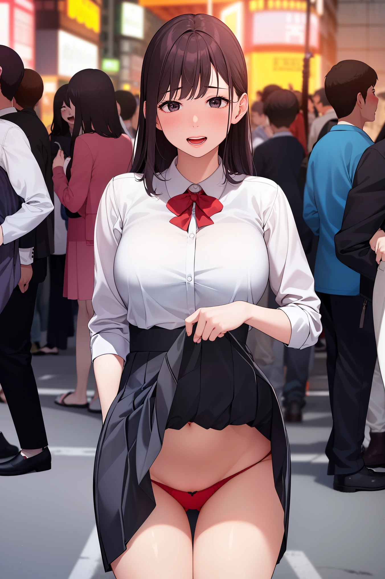 the Extremely Detailed CG Unity 8K Wallpapers、top-quality、ultra-detailliert、​masterpiece、realisitic、Photo Real、extremely detailed cute girl、20yr old、((skirt lift by yourself)))、(Lifted by yourself)、panties on、panties focus、red blush、cparted lips、looking at the viewers、Semi-body shot、(Large crowds)、(in a tokyo street)、(((Show your pubic area excitedly )))