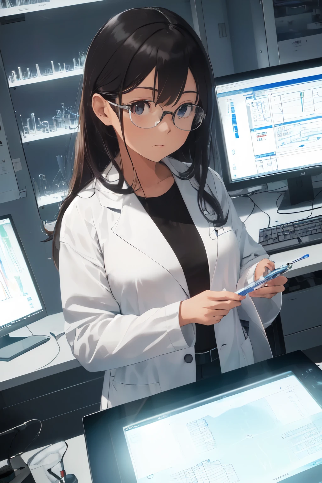 (masuter piece, Best Quality, Ultra-detailed), (A highly-advanced lab setup), 1 person in, Intense focus, White lab coat, Glasses, Test tube in hand, Scientific calculator nearby, Background buzzing with electronic hums, Light reflecting off polished surfaces, X-rays or microscopic images displayed on monitor, (Progress indicator: 95%), (Feeling a sense of accomplishment), (Test subject: unknown), (Innovative technology), Modern and sleek design, In the style of Jules Verne, Futuristic, Edgy, Isaac Asimov, (Exploring new frontiers of science), (Breakthrough discovery