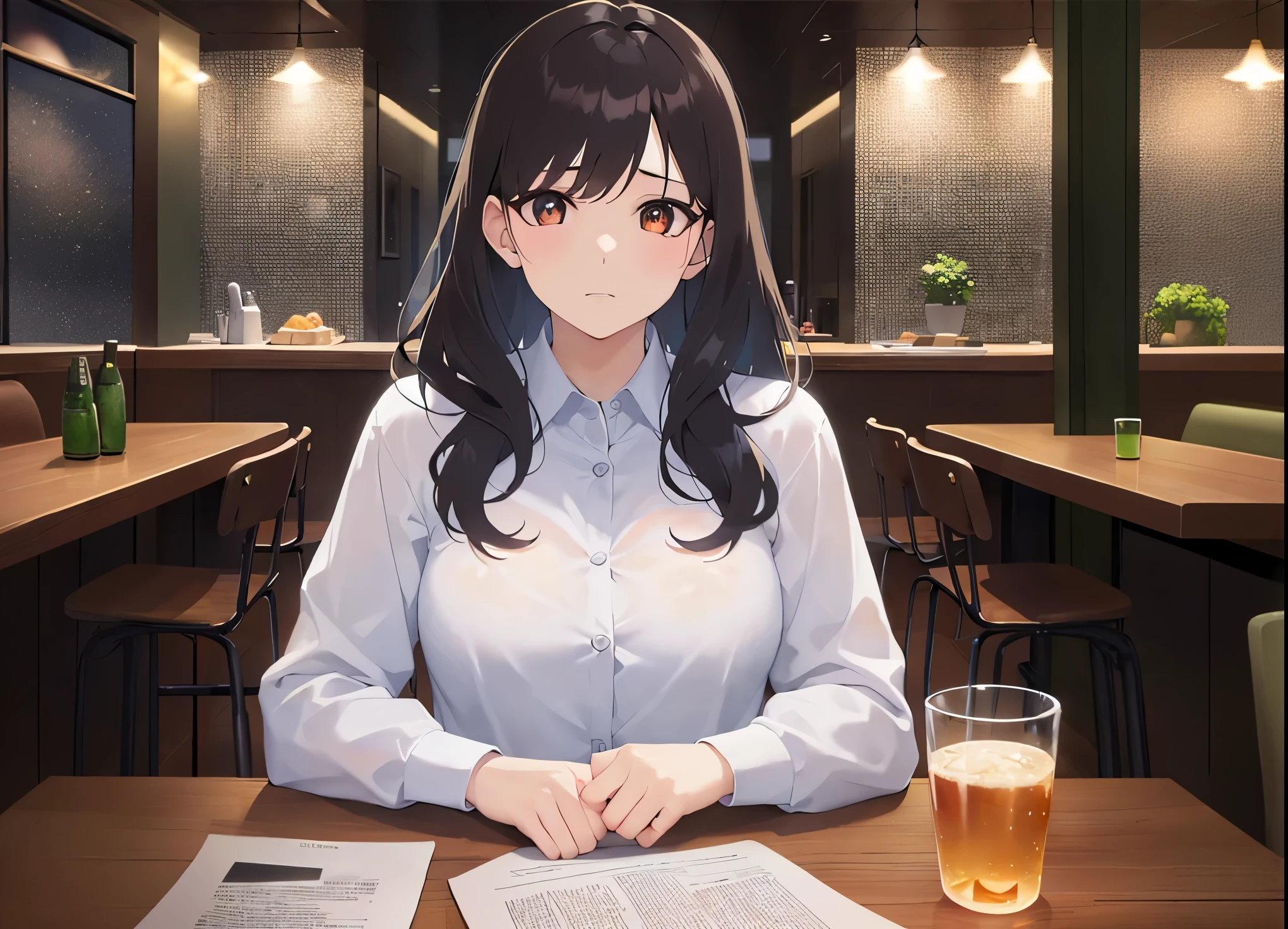 The background is the interior of a restaurant at night.、illumination、wall、table、Chair、