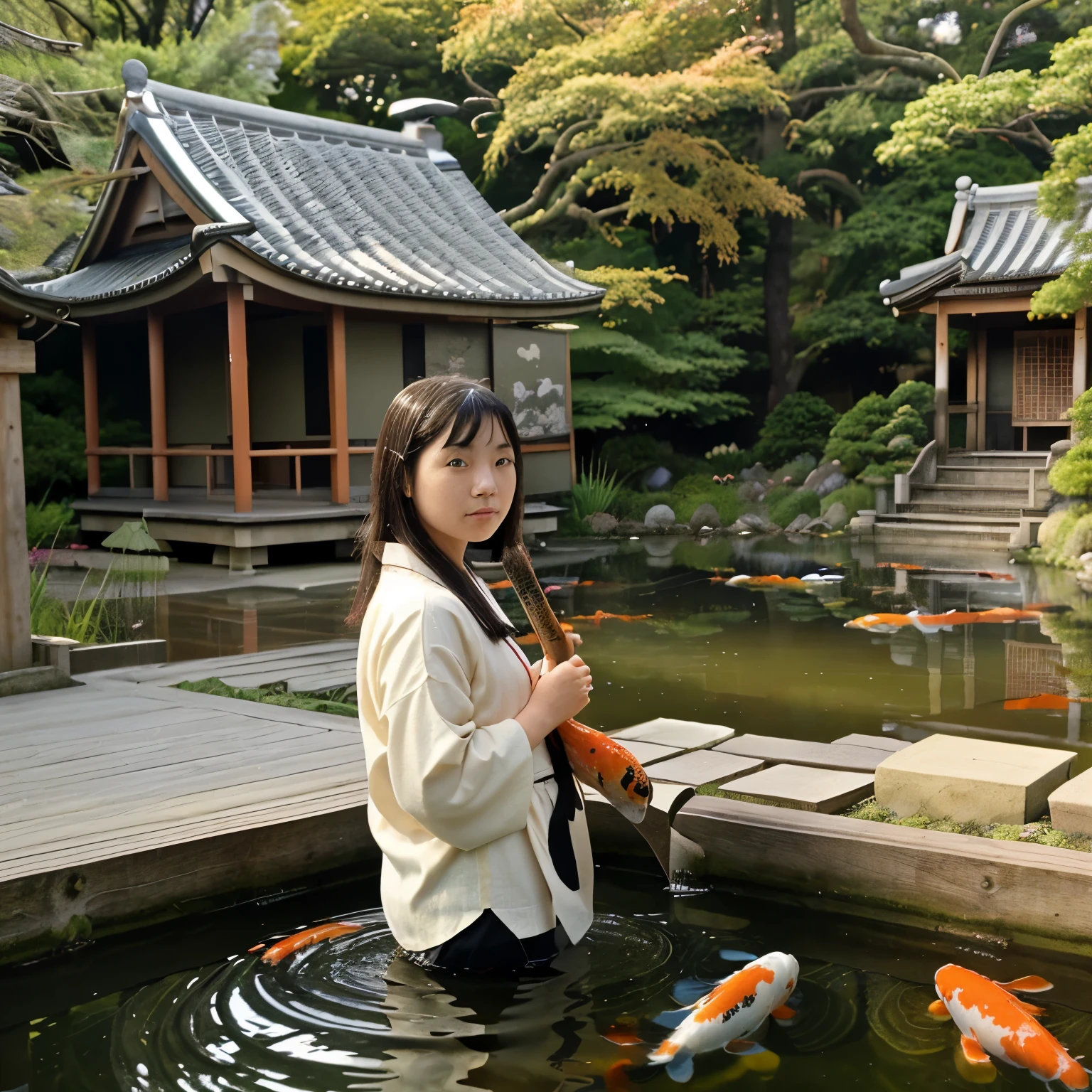 1girl, looking at the viewer, water, pond, lake, shrine, koi