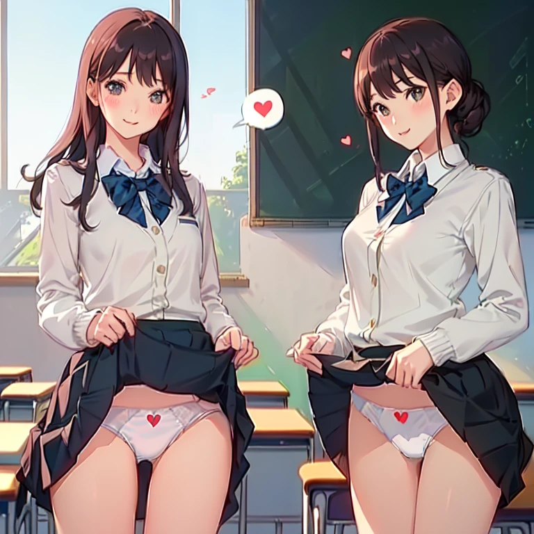 2 girls, smile:1.3, shirt, skirt, (small),((classroom:1.5))、、(blush:1.3)、((青いチェック柄のskirt:1.5))、Cowboy Shot、(skirt lift:1.3),(Highly detailed panties:1.3)、(Highly detailed white panties:1.3)、、(skirt that rolls up:1.3)、(Full-fledged panties:1.5)、,((Pure white cardigan))、((spoken heart:1.5))