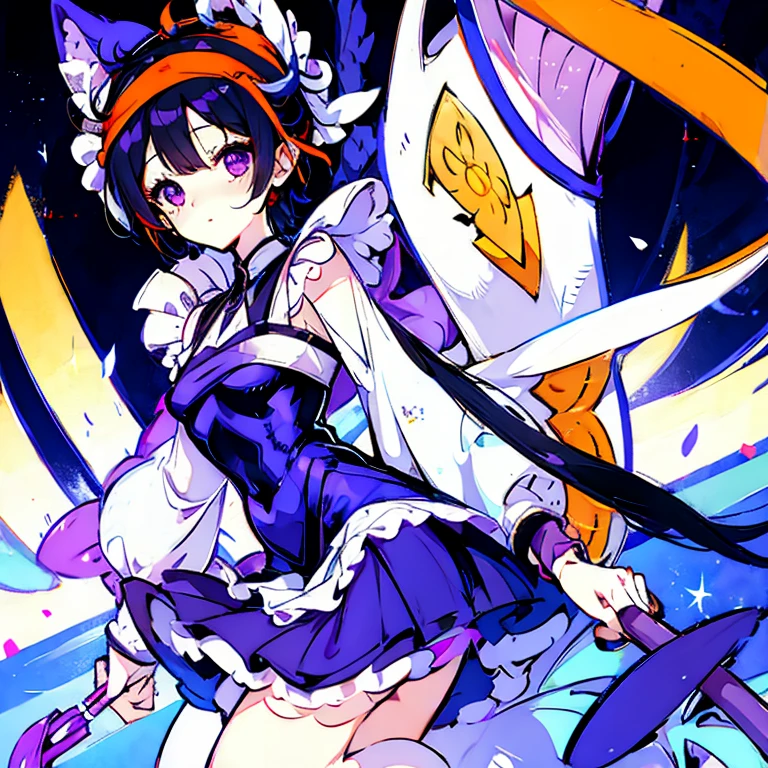 Embarrassed、look up、Night view、Lolita maid outfit、boy、Slim body、Anatomically correct、The eyebrows are thin、Narancha、Purple Eyes、orange,short hair,iris,Black Hair,A light smile, head band, (masterpiece:1.2),(highest quality:1.2),pixiv