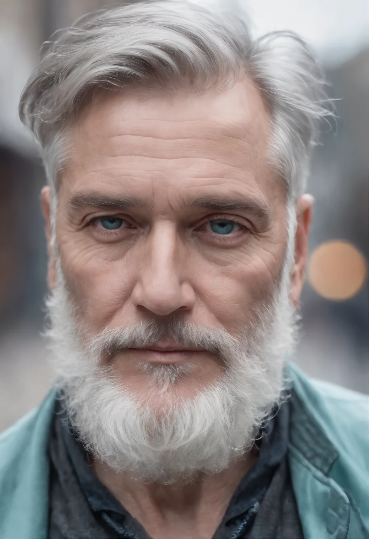 natural light (masterpiece:1.2) (photorealistic:1.2) (hips) (Best quality) (detailed skin: 1.3) (complex parts) (8K) (HDR) (cinematic lighting) (sharp focus), photorealistic, Face portrait, old man, Noah, I look at the viewer, Grey eyes,( gray hair:1.2), depth of field, serious face , photorealistic photography with a million details , High Quality .Futuristic god - good sage , in futuristic transparent glasses with a white beard and a disheveled fashionable gray haircut , he is 50 years old, cyber jumpsuit , pink purple gradient , glowing turquoise stripes , courageous strong , full length , rough shoes fantastic tourist boots