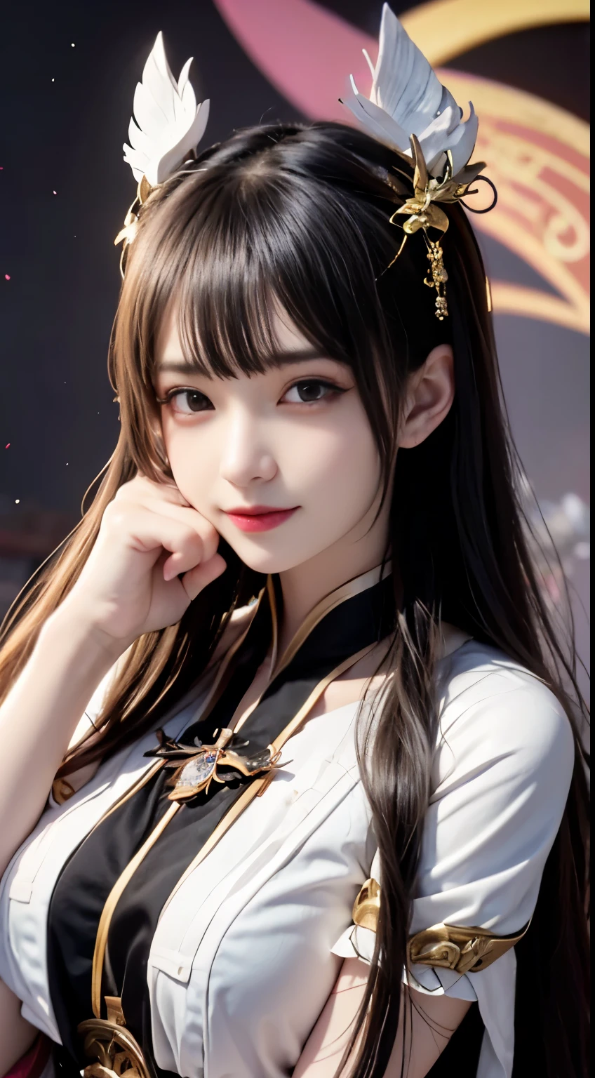 Close-up of woman in costume with wings, anime goddess, Gilded Lotus Princess, beautiful fantasy queen, bian lian, Anime Girl Cosplay, Zhongli in Genshin, Beautiful Celestial Mage, Inspired by Lan Ying, ((beautiful fantasy queen)), Flowing Magic Robe, full body xianxia, Keqing from genshin impact,black hair, hair bobbles, wince, longeyelashes, solid circle eyes, fake animal ears, light smile, ear blush, fang, Surrealism, drop shadow, anaglyph, stereogram, tachi-e, pov, atmospheric perspective, 8k, super detail, ccurate, best quality