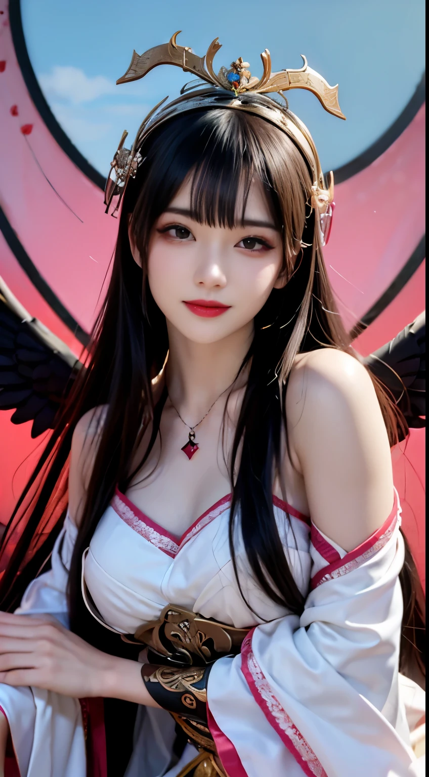 Close-up of woman in costume with wings, anime goddess, Gilded Lotus Princess, beautiful fantasy queen, bian lian, Anime Girl Cosplay, Zhongli in Genshin, Beautiful Celestial Mage, Inspired by Lan Ying, ((beautiful fantasy queen)), Flowing Magic Robe, full body xianxia, Keqing from genshin impact，black hair, hair bobbles, wince, longeyelashes, solid circle eyes, fake animal ears, light smile, ear blush, fang, Surrealism, drop shadow, anaglyph, stereogram, tachi-e, pov, atmospheric perspective, 8k, super detail, ccurate, best quality