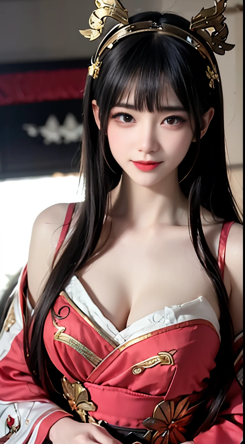 Close-up of woman in costume with wings, anime goddess, Gilded Lotus Princess, beautiful fantasy queen, bian lian, Anime Girl Cosplay, Zhongli in Genshin, Beautiful Celestial Mage, Inspired by Lan Ying, ((beautiful fantasy queen)), Flowing Magic Robe, full body xianxia, Keqing from genshin impact，black hair, hair bobbles, wince, longeyelashes, solid circle eyes, fake animal ears, light smile, ear blush, fang, Surrealism, drop shadow, anaglyph, stereogram, tachi-e, pov, atmospheric perspective, 8k, super detail, ccurate, best quality