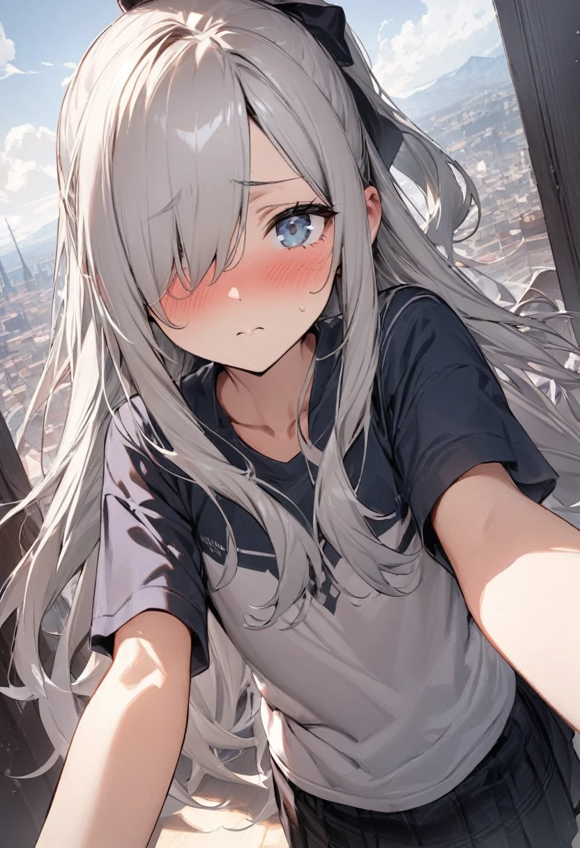 ((highest quality)), ((masterpiece)), (detailed), Perfect Face，Perfect ???????，Long Hair，Hair on one eye，Half Up，14 years old，，Silver Hair，，First-person view，A perspective that holds me，She looks at me with a sad blush.