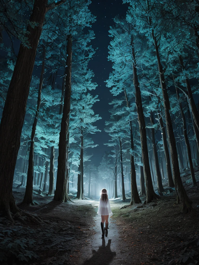 (Super detailed,ultra high resolution,detailed background)),ancient city,dark forest at night,spooky,Chill,Inspiration,1 girl,wearing a minidress、Wearing a white collared long-sleeved blouse、facing away