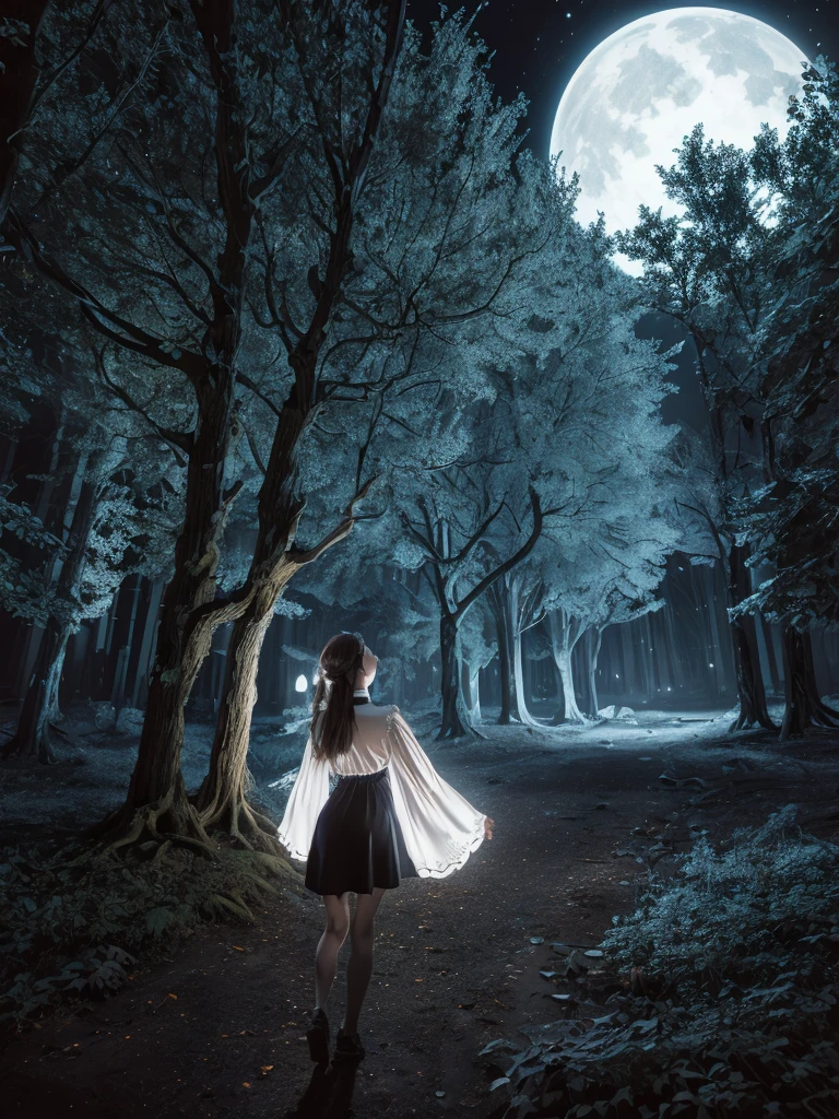 (Super detailed,ultra high resolution,detailed background)),ancient city,dark forest at night,spooky,Chill,Inspiration,1 girl,wearing a minidress、Wearing a white collared long-sleeved blouse、facing away
