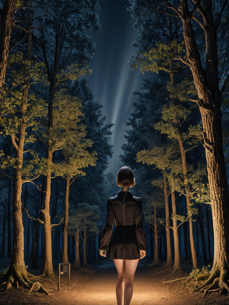 (Super detailed,ultra high resolution,detailed background)),ancient city,dark forest at night,spooky,Chill,Inspiration,1 girl,wearing a minidress、Wearing a white collared long-sleeved blouse、facing away 