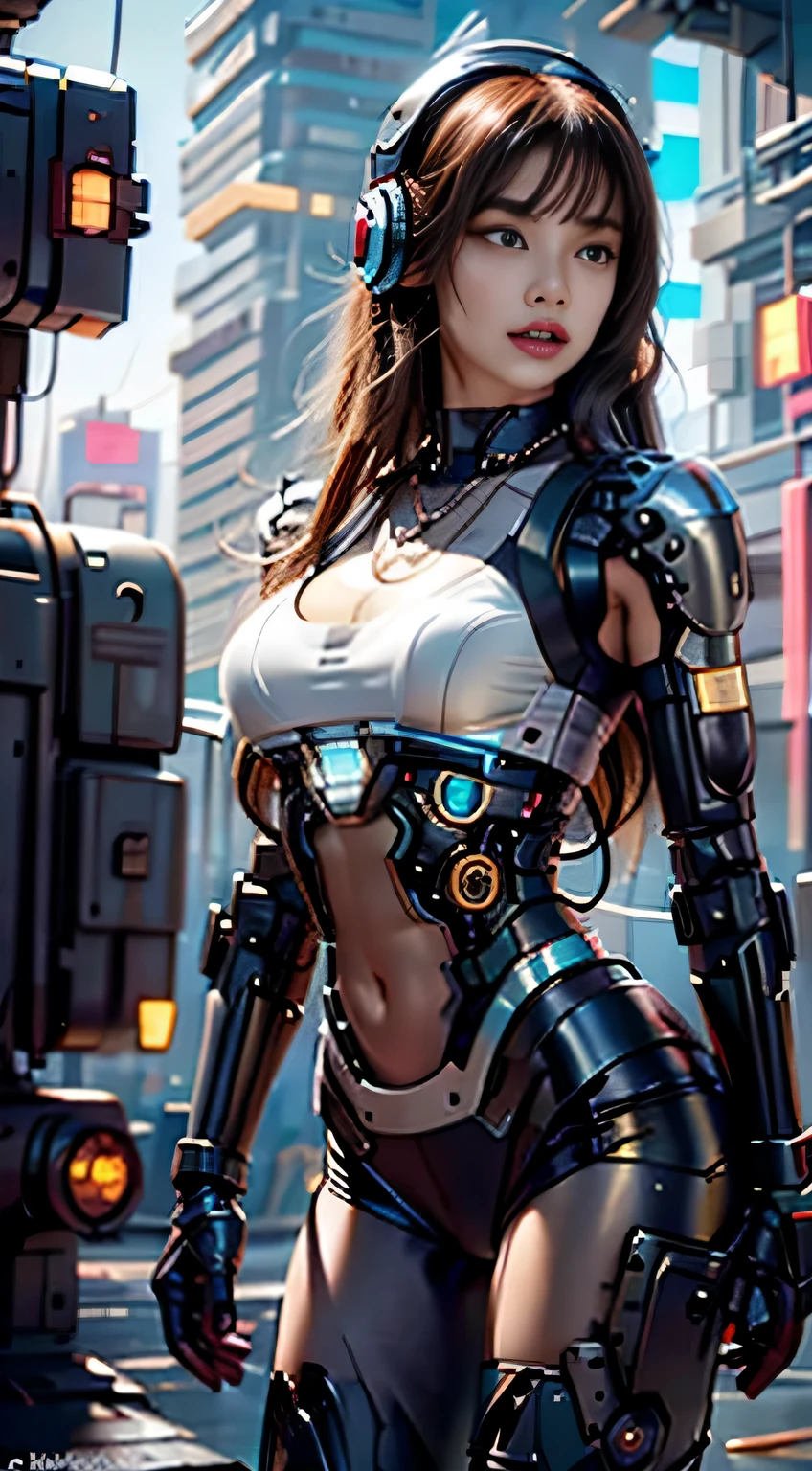 Virtual image,Realistic 8K images,hips up,Masterpiece,Complete Anatomy,Complete dynamic composition,morning sun,Light hits the front,young woman with long brown hair,Tattoos on the upper arms and stomach,cybernetic robot((Red and white cyberpunk robot)),headset,Headphones with glowing lights,glowing headphones,Bikini body - white_orange_gold_metal,,white tank top,The background of the giant gear is deserted at night..