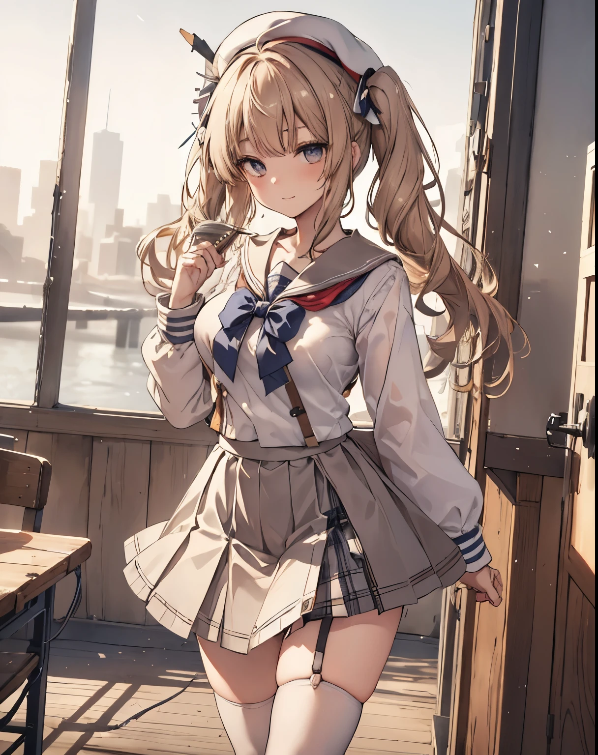 masterpiece, 1girl, sparrow, a blonde haired girl, wearing a white sailor clothes, curly long hair, messy hair, slim body, he close her left eye, shirt ornament, red eyes, sho show her back, ahoge, baby face, big breast, beautiful breasts, rounded breasts, braid hair, beret, long sleeves, beautiful eyes, white stocking, droopy eyes, miniskirt, grey skirt, plaid skirt, her age is 19 years old, beret, cheerful expression, school, bowtie, sailor collar, pleated skirt, twintail