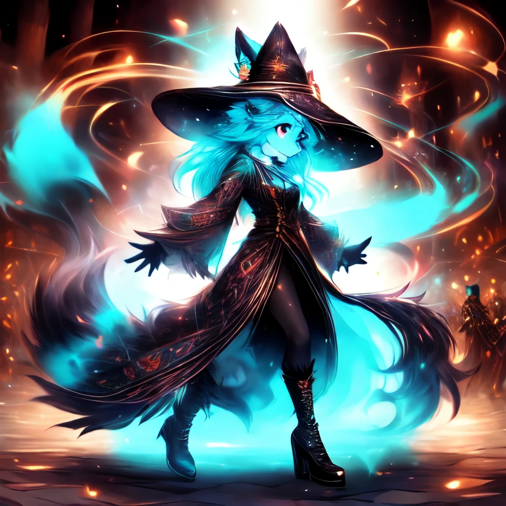woman, hairy woman, wolf woman, full body portrait, full fur, magical fur, full tail, big tail, magic tail, long hair (busy and turquoise colored hair), hat on the head (witch's hat), eyes almond shape (bright turquoise color), expressive smile, charming face, witch outfit (dark color with magical embroidery), black tights, shoe (high boots), public park background (in the middle of an ancient city), a scene representing a witch's meeting.