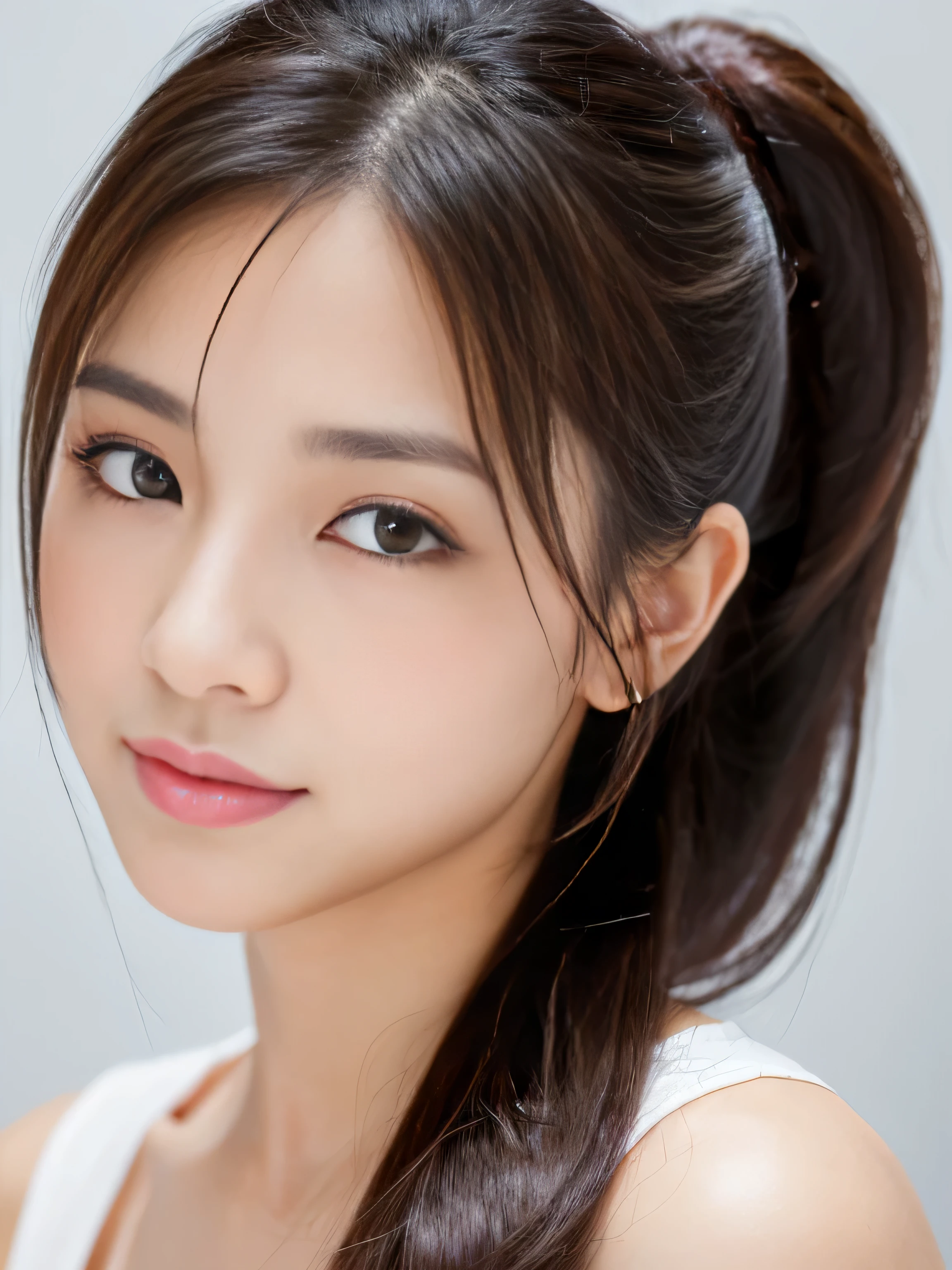 table top, highest quality, shape, Super detailed, finely, High resolution, 8k wallpaper, 完璧なダイナミックな構shape, finelyて美しい目, ladies fashion summer,ponytail hair,small breasts natural color lip, bold sexy pose,smile,20 year old girl、cute、sexy shot looking at camera,Wake up,Realistic quality,blonde,Eyes to the left,A little sharp beauty,Don'don't wear clothes,topless nude