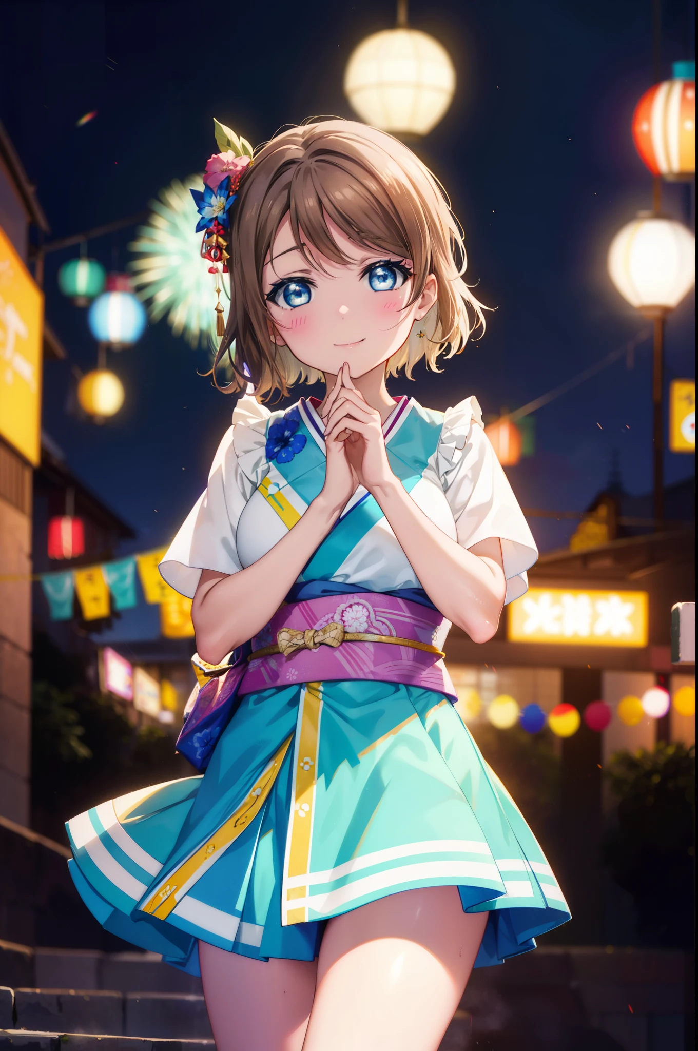 Yowatanabe, Watanabe Yo, short hair, blue eyes, brown hair, blush,Blue headband,happy smile, smile, Open your mouth,Blue Kimono,Long skirt,White tabi sandals,日本のfestival,夏festivalの屋台、Red lantern,Fireworks display,night,moonlight,
break outdoors, festival,
break looking at viewer, (Cowboy Shot:1.5),
break (masterpiece:1.2), highest quality, High resolution, unity 8k wallpaper, (figure:0.8), (Beautiful fine details:1.6), Highly detailed face, Perfect lighting, Highly detailed CG, (Perfect hands, Perfect Anatomy),