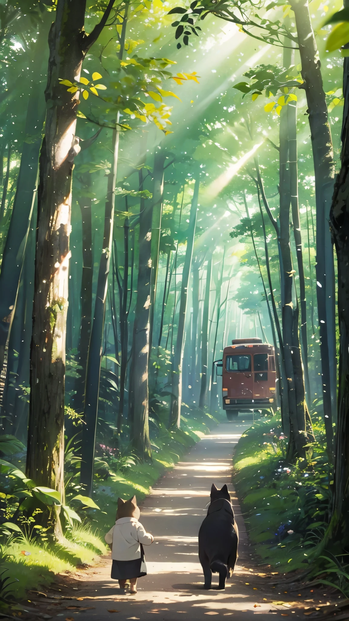 A fascinating scene with the enchanting world of Totoro's forest。The magical transportation, the Cat Bus,、Clinging to the bus's shaggy exterior、Gently carries the protagonist with eyes full of awe and excitement。With every step the bus takes、We head deeper into the forest, enveloped in vibrant greenery and the gentle rustling of leaves.。The sun begins to set、Dense trees々Golden light shines from the canopy of the。The hero's angelic cheeks flushed with happiness and a sense of adventure.、I wrinkle my little nose at the pleasant smell of the forest.。The Cat Bus's facial expression remains the same.