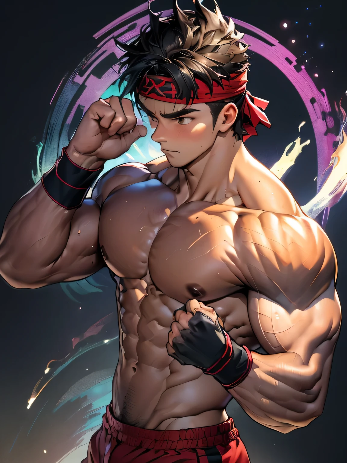 (Masterpiece, Best quality 19 year old boy, black background, bust shot, shoot from front, looking away), solo, Young, boy, muscler, Shirtless, topless, (Dark Short straight hair, under cut, brown eyes), (torn clothes, red headband, ((black wristband))), Vivid colors, (hot Abs:1.2, abs!, big abs, big breast:1.2, chest!, muscler upper arms), (topless male), muscler!, muscler, muscler body, (aura power:1.4), detailed face, detailed muscle, (((A magical mystical aura, rippling muscles, fighting pose))), olhando para frente, detalhes incriveis, sombras perfeitas, olhos perfeitos, perfect hands and fingers, Foco masculino.