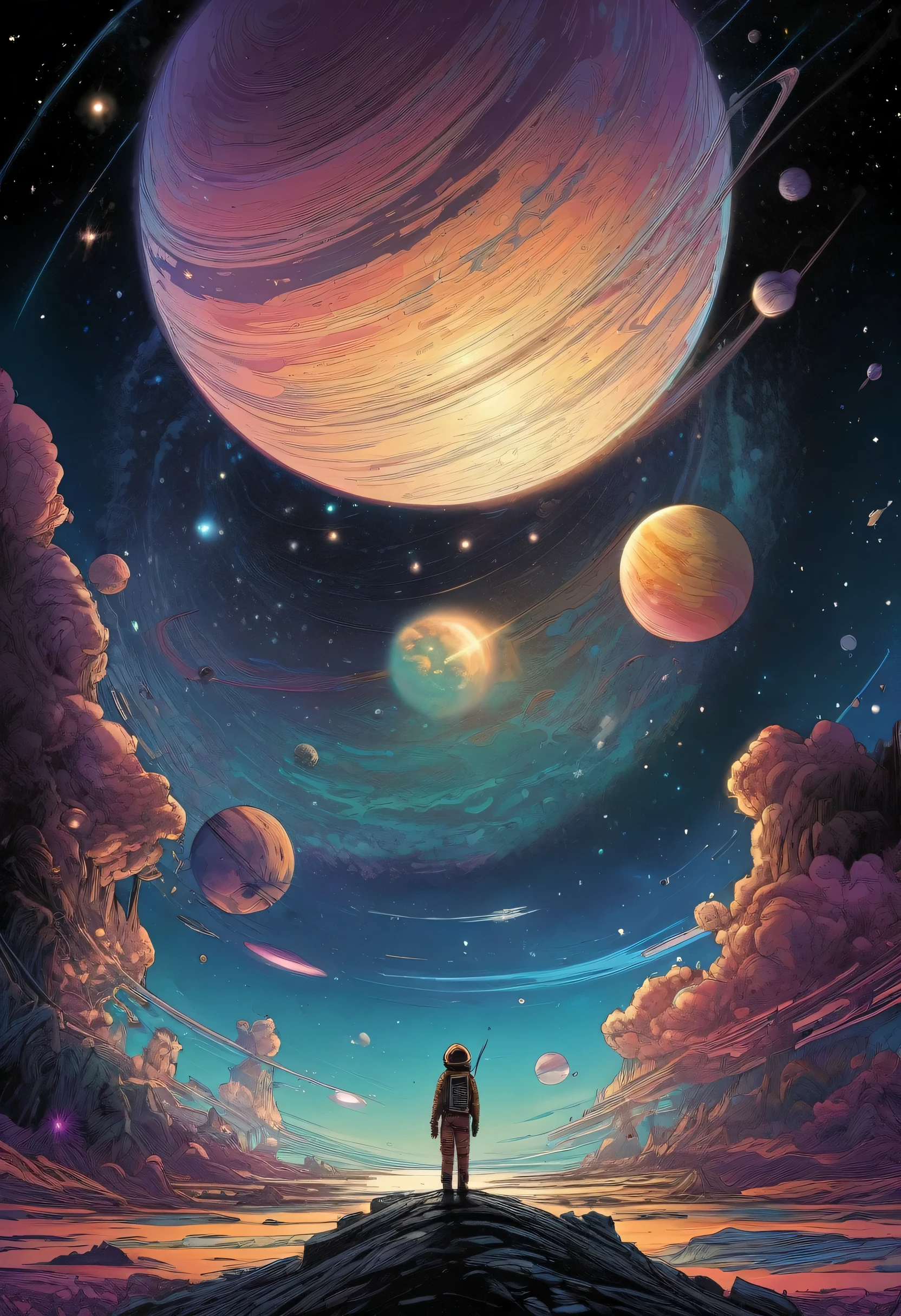 View of outer space from the planet、Ore Planet、diego gisbert lawrence、Josan Gonzalez、Written by Dan Mumford、Picture book illustration、Psychedelic Art、One Girl、Starlight、nebula、Starlight in the night sky、vague、Ultra-wide shot,Tabletop、highest quality、Ultra-detailed、Intensive、Golden ratio composition、