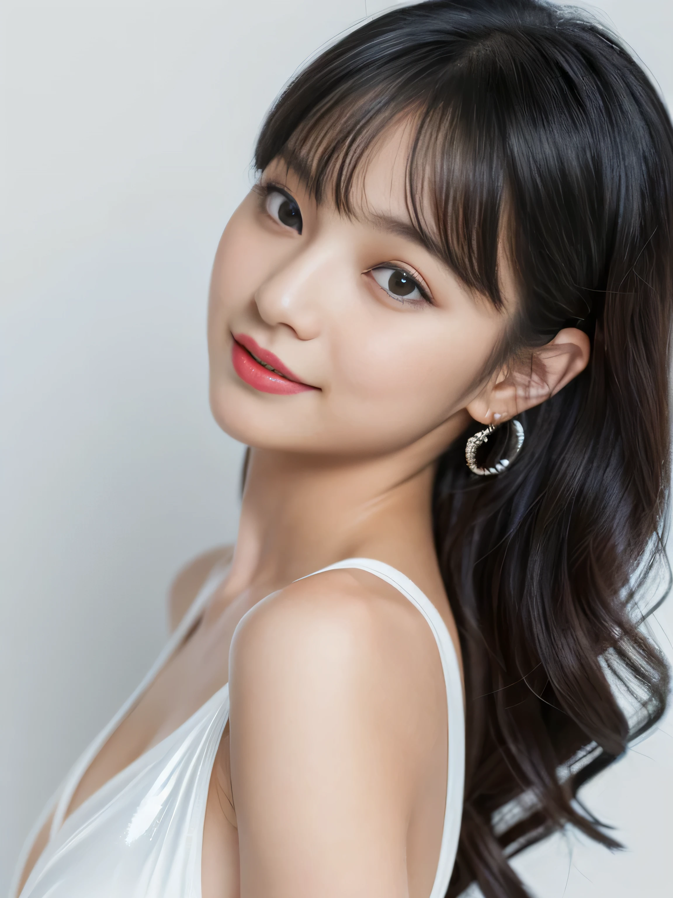 (Pure white wall background:1.Close-up of 8 from the neck up) (One of the most beautiful 24-year-old women in Japan) (Looking at the viewer with a very happy expression) ((She has incredibly voluminous, heavy, curly hair and is very shiny, thick and silky.、Jet black, absurdly long hair with attention to detail Very thick, dark, fine hair, And voluminous, deep black hair)) ((highest quality)), ((masterpiece)), (familiar) (Get used to it) Perfect Face (Her skin is a typical Japanese skin color...、Very detailed) (big breasts) (she'She is wearing a shiny white silk blouse) (she has a beautiful face with slender, Narrow eyes.) (Her bangs are well organized) (she has perfect makeup Lipstick is light red Solid black eyeliner) ((Rich 1.4)) (Extremely detailed 8K) (Stable Diffusion Model) (Ultra-fine skin texture 1.4) (Actual, Vibrant:1.4), double eyelid Sharp focus:1.2、Beautiful woman:1.4 Dynamic Lighting (Genuine RAW photos taken by professional photographers) (Turn your whole body to the viewer:1.5) Professionally lit from the front