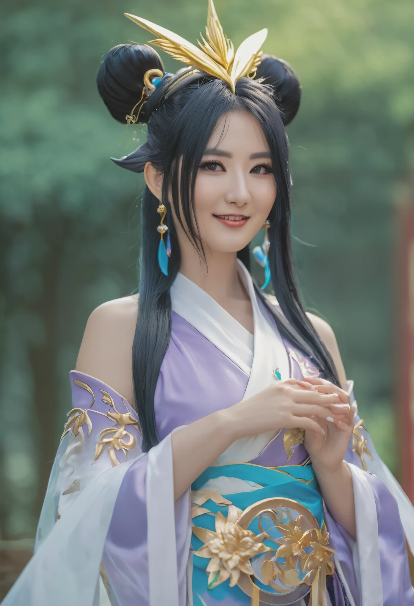 Close-up of woman in costume with wings, anime goddess, Gilded Lotus Princess, beautiful fantasy queen, bian lian, Anime Girl Cosplay, Zhongli in Genshin, Beautiful Celestial Mage, Inspired by Lan Ying, ((beautiful fantasy queen)), Flowing Magic Robe, full body xianxia, Keqing from genshin impact，black hair, hair bobbles, wince, longeyelashes, solid circle eyes, fake animal ears, light smile, ear blush, fang, Surrealism, drop shadow, anaglyph, stereogram, tachi-e, pov, atmospheric perspective, 8k, super detail, ccurate, best quality