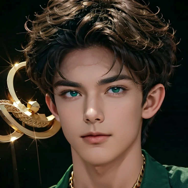 Attractive guy , the boy has very short brown hair, Emerald eyes, on a black background . magical look ! gold chain with emerald around the neck.  top quality portrait photo !