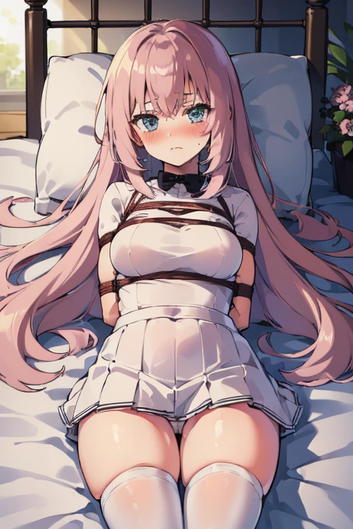 gefesselte Arme, (Arms behind the back:1.5), (blush:1.8), ((gefesselte Handgelenke, Ankle with rope)), ((Arms behind the back)), ((Shibari over clothing)), Fesselung mit Seil, 4k quality, verlegener gesichtsausdruck, anatomisch perfekt, 1girl, ichinose honami, white skirt, (in einem Bett liegend:1.6)
