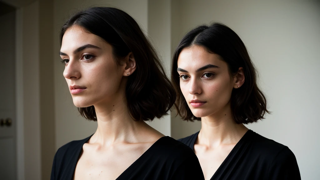 Girl in, age 25, Solo, Striding confidently, Strong bone structure, defined jawline, high cheekbones, tall and thin frame, dark eyes, thick eyebrows, brunette hair, wavy and untamed, minimal makeup, casual attire, conveying a sense of determination and inner strength, realistic portrayal, vivid and true-to-life colors, captured in natural lighting, a masterpiece of modern photography.
Imagine a young woman, standing tall and proud, with a strong bone structure that frames her face perfectly. Her high cheekbones cut sharp angles against her delicate skin, and her deep-set dark eyes reflect the intensity of her character. Thick, dark eyebrows