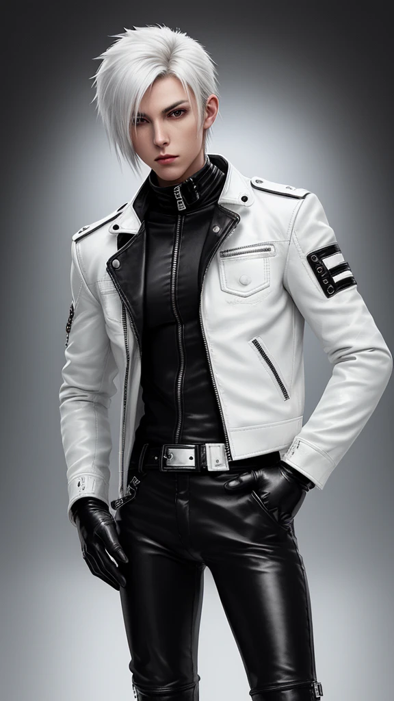 Final Fantasy-style graphics, young, Cute and cool Japanese boys, Thin eyebrows and big eyes,  He is wearing a shiny off-white leather single-breasted jacket.。.。., with epaulettes,  The jacket is zipped up, The jacket pockets are black., The jacket has a high stand-up collar with a belt, Also wearing a black turtleneck, black leather pants, Thin black leather gloves on both hands, Black leather knee-high lace-up boots, Head to Toe, Please show me your whole body, Final Fantasy Style、good looking、Clear eyes and nose、((Shiny white single-breasted leather jacket))、((The jacket has epaulettes))、((The jacket has a stand-up collar and a belt))、((The jacket has a black pocket))、((Black turtleneck shirt))、((Shiny black leather pants))、((Shiny black leather gloves on both hands))、((Black lace-up leather long boots))、((Head to Toe表示))、Realistic image quality and texture、In a small brick cell、close your eyes、A kind smile、((The jacket is closed with a zipper))