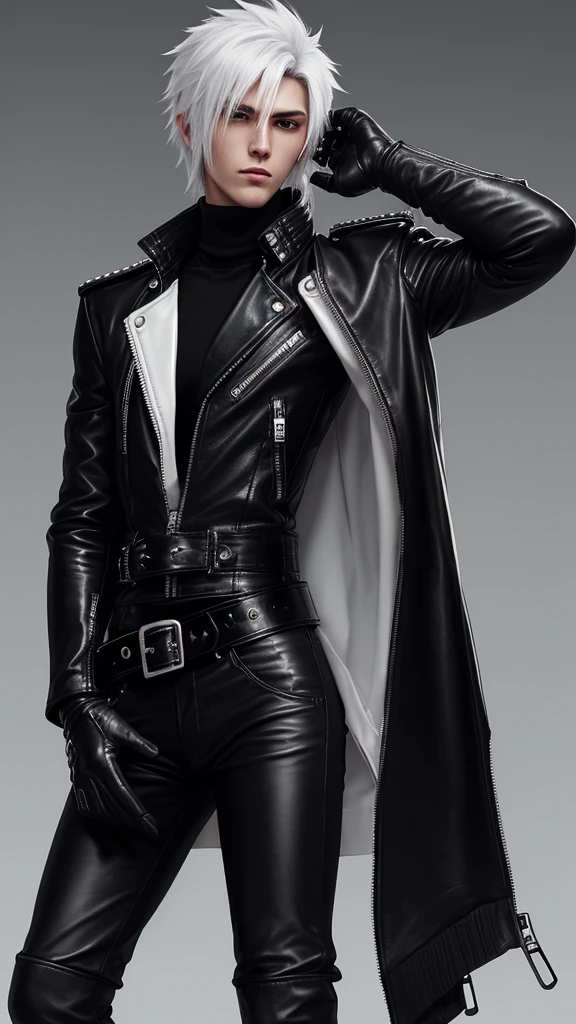 Final Fantasy-style graphics, young, Cute and cool Japanese boys, Thin eyebrows and big eyes, He is wearing a shiny off-white leather single-breasted jacket.。.。., with epaulettes, The jacket is zipped up, The jacket pockets are black., The jacket has a high stand-up collar with a belt, Also wearing a black turtleneck, black leather pants, Thin black leather gloves on both hands, Black leather knee-high lace-up boots, Head to Toe, Please show me your whole body, Final Fantasy Style、good looking、Clear eyes and nose、((Shiny white single-breasted leather jacket))、((The jacket has epaulettes))、((The jacket has a stand-up collar and a belt))、((The jacket has a black pocket))、((Black turtleneck shirt))、((Shiny black leather pants))、((Shiny black leather gloves on both hands))、((Black lace-up leather long boots))、((Head to Toe表示))、Realistic image quality and texture、In a small brick cell、close your eyes、A kind smile、((The jacket is closed with a zipper))