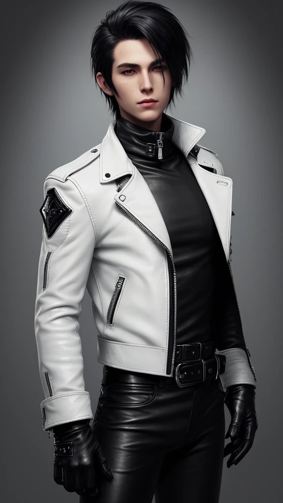 Final Fantasy-style graphics, young, Cute and cool Japanese boys, Thin eyebrows and big eyes, He is wearing a shiny off-white leather single-breasted jacket.。.。., with epaulettes, The jacket is zipped up, The jacket pockets are black., The jacket has a high stand-up collar with a belt, Also wearing a black turtleneck, black leather pants, Thin black leather gloves on both hands, Black leather knee-high lace-up boots, Head to Toe, Please show me your whole body, Final Fantasy Style、good looking、Clear eyes and nose、((Shiny white single-breasted leather jacket))、((The jacket has epaulettes))、((The jacket has a stand-up collar and a belt))、((The jacket has a black pocket))、((Black turtleneck shirt))、((Shiny black leather pants))、((Shiny black leather gloves on both hands))、((Black lace-up leather long boots))、((Head to Toe表示))、Realistic image quality and texture、In a small brick cell、close your eyes、A kind smile、((The jacket is closed with a zipper))