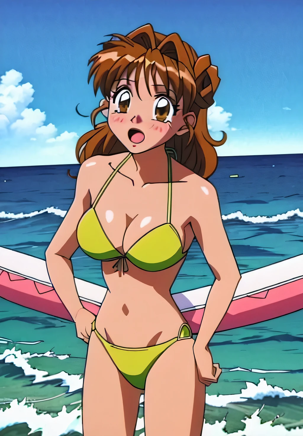 Ocean,bikini,Swimwear, pupil_Brown,A man grabs Maron,Maron,blush, Open_mouth,Embarrassing,Swimwear,bikini,masterpiece, expensive quality, very_expensive_solve, big_file size, Full Color,