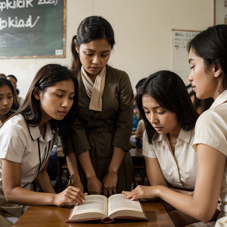 kartini teaching how to read at school surrounded by women adoring her