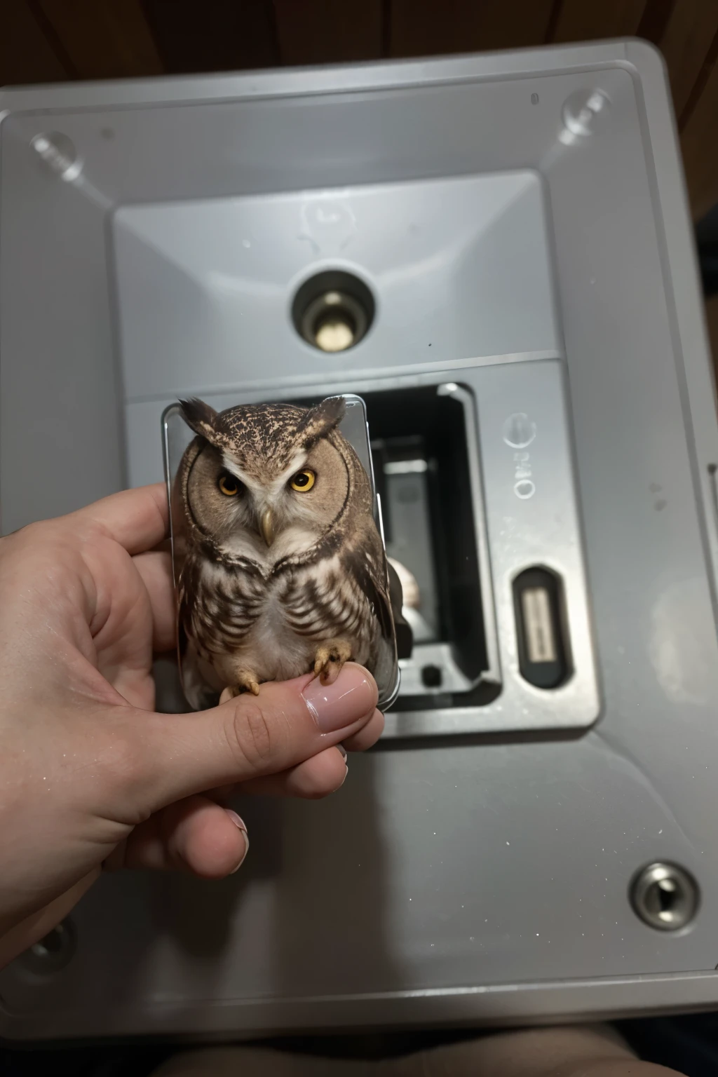 There is a socket on the left.，There is an owl on the right，Owl extends its claws into a three-pin socket