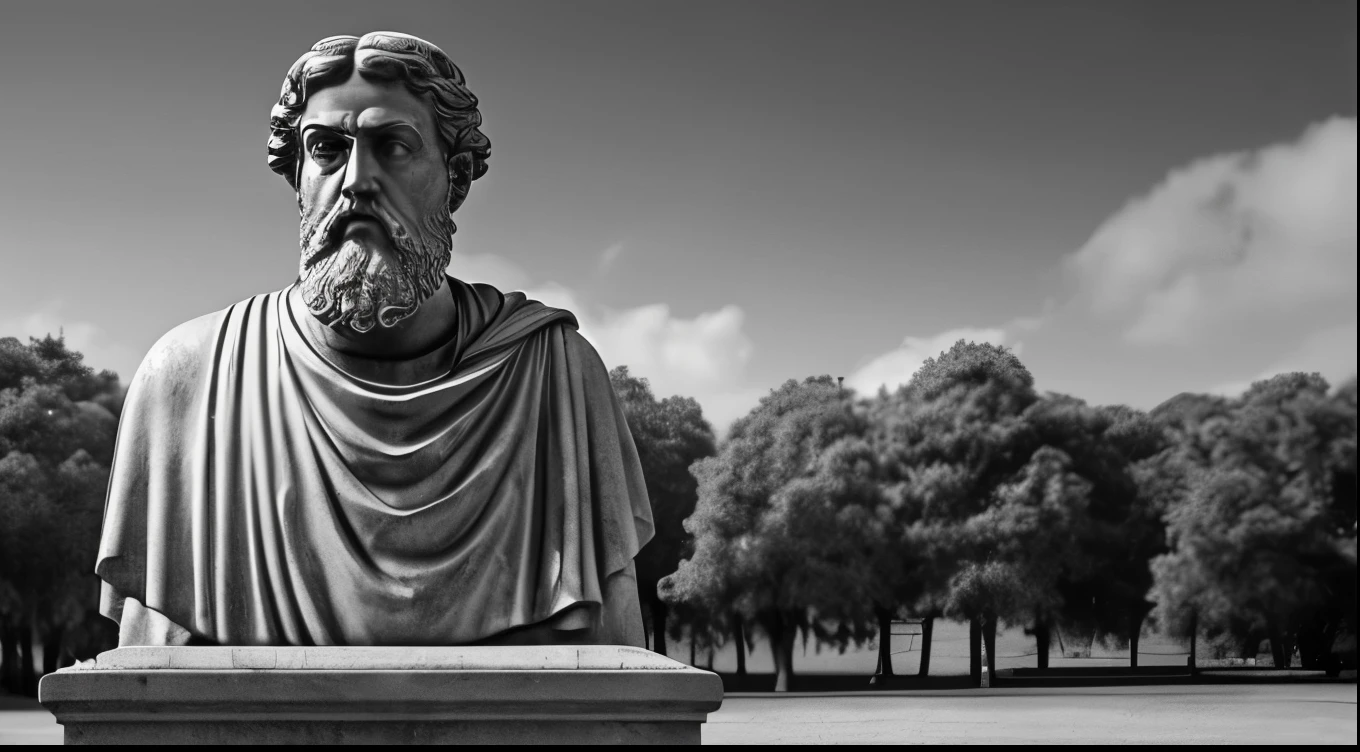 a portrait statue of the stoic Marcus Aurelius in black and white 4K,Ansioso com um corpo forte, 1920x1080 super realistic photo wallpaper