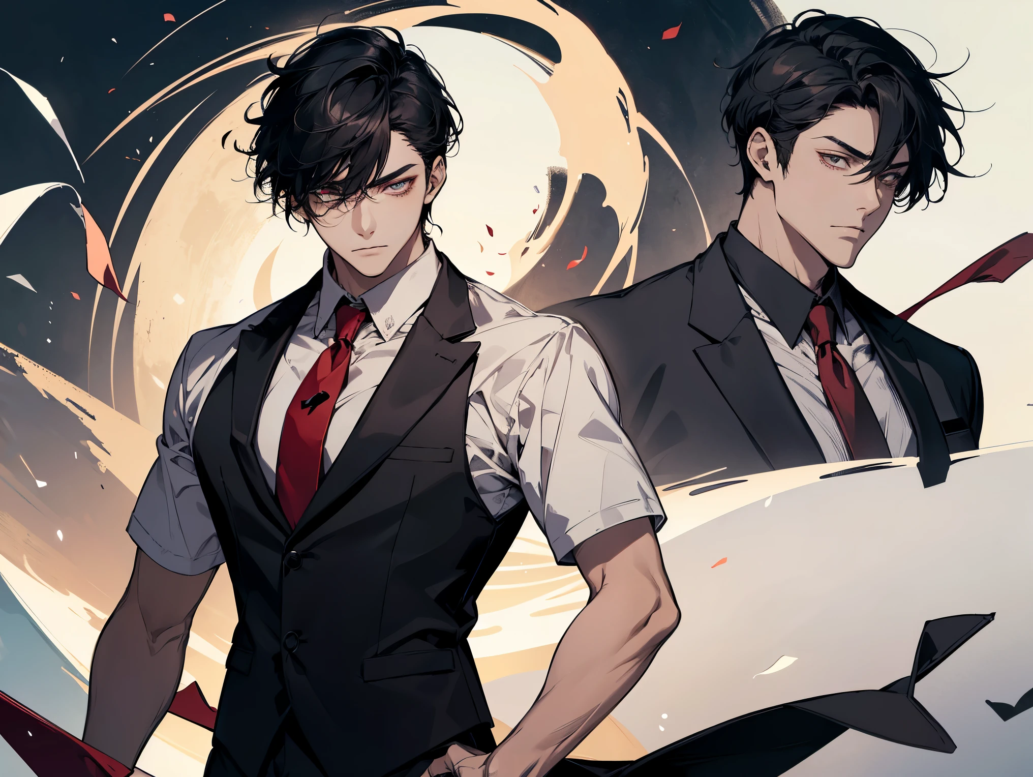 1 man, teacher, Wearing a white shirt, roll up sleeves, Black trousers, Black Hair, short hair, Facing the details, Delicate eyes, Eye roll, Poker face, red tie, The background is the Chinese sun, Flying Page, In combat mode.