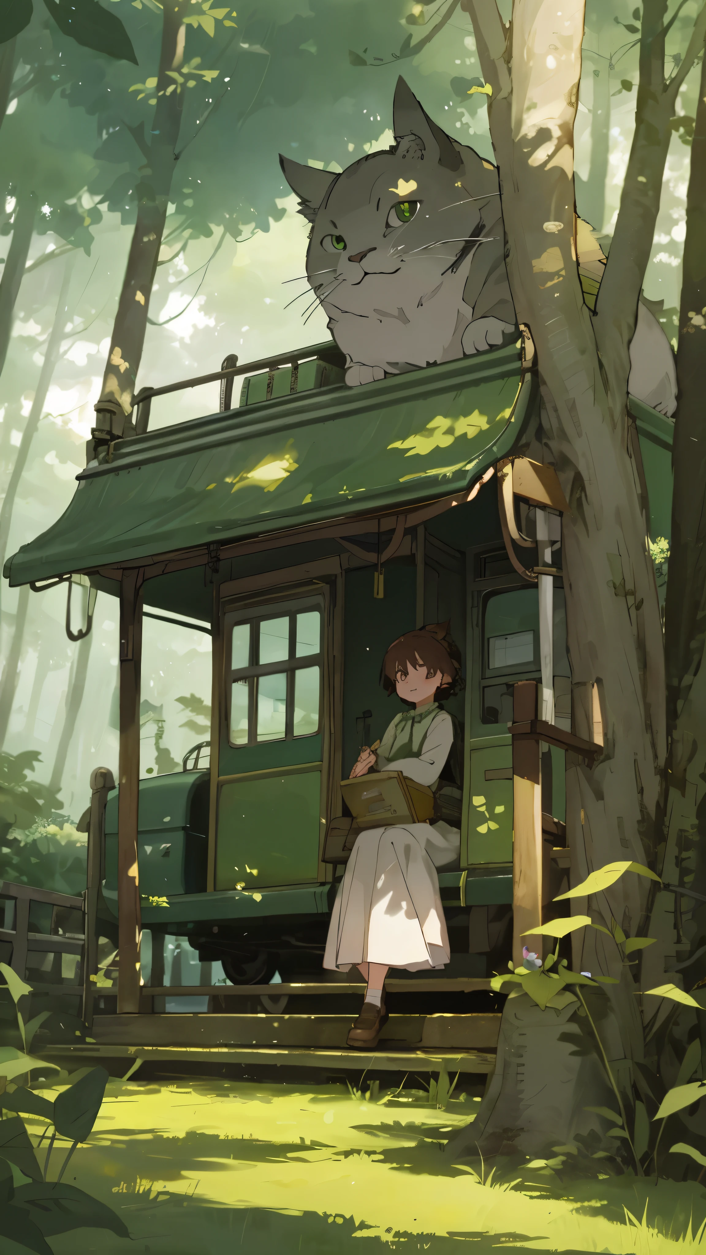 A captivating scene unfolds in the enchanting world of Totoro Forest. The Cat Bus, a magical mode of transportation, gently carries the main character, her eyes filled with awe and excitement, as she clings to the bus's furry exterior. With each lumbering step, the bus moves deeper into the heart of the forest, surrounded by vibrant greens and the gentle rustling of leaves. The sun begins to set, casting golden rays that filter through the dense canopy of trees. The main character's cherubic cheeks are flushed with happiness and a sense of adventure, her small nose wrinkling at the delightful smell of the forest. The Cat Bus's expression remains